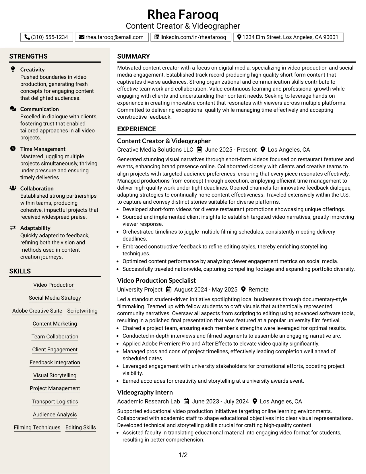 Resume Example Page 1