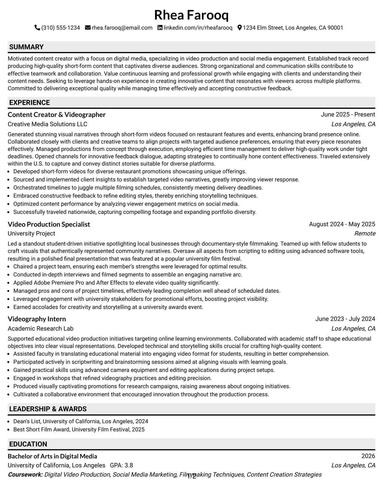 Resume Example Page 1
