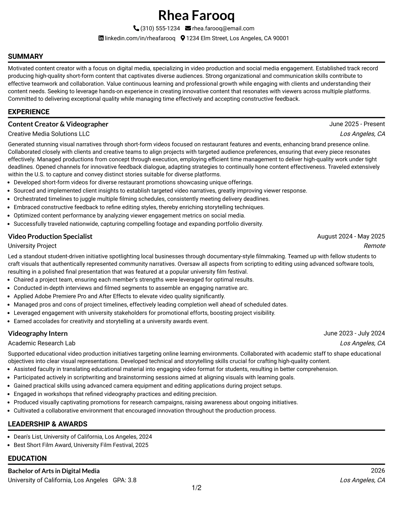 Resume Example Page 1