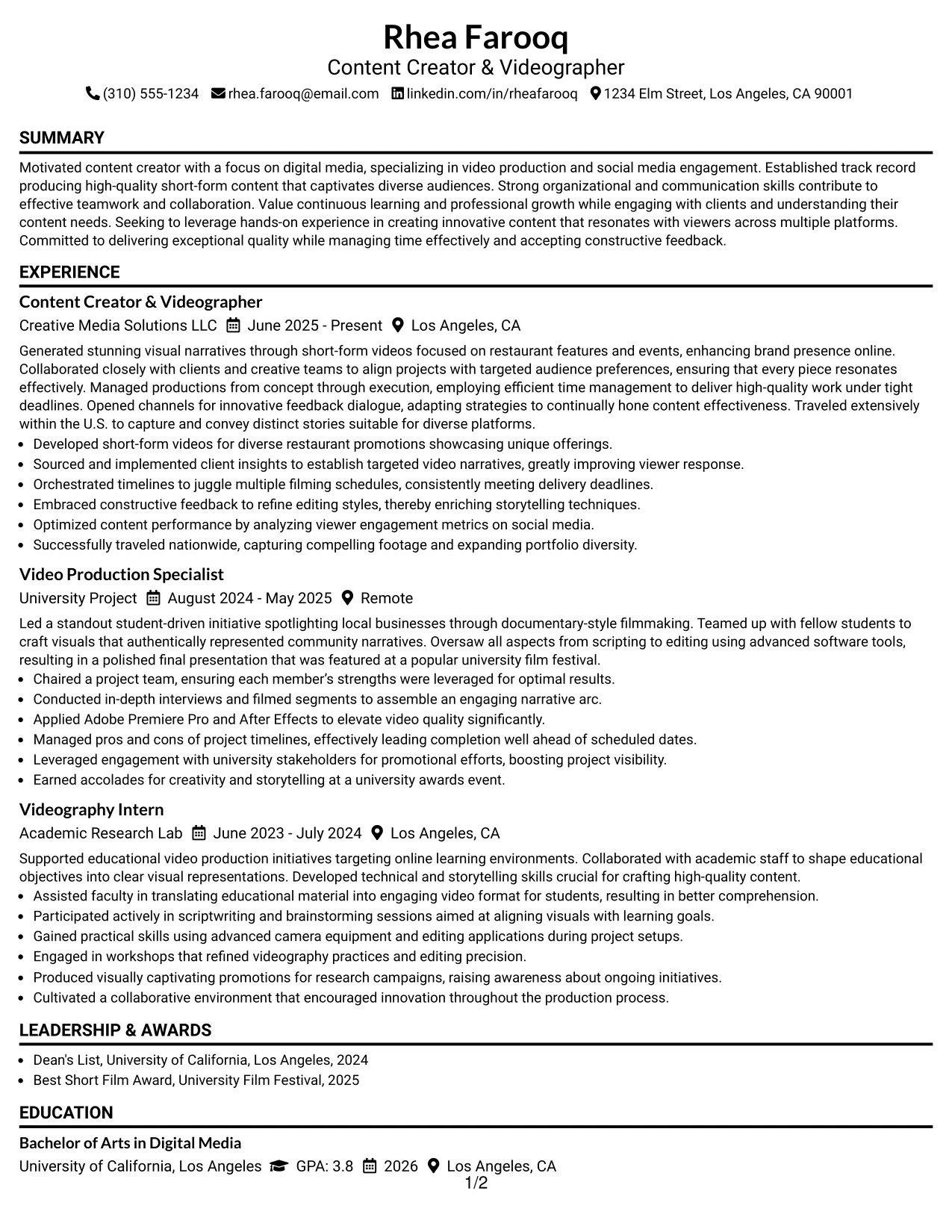 Resume Example Page 1