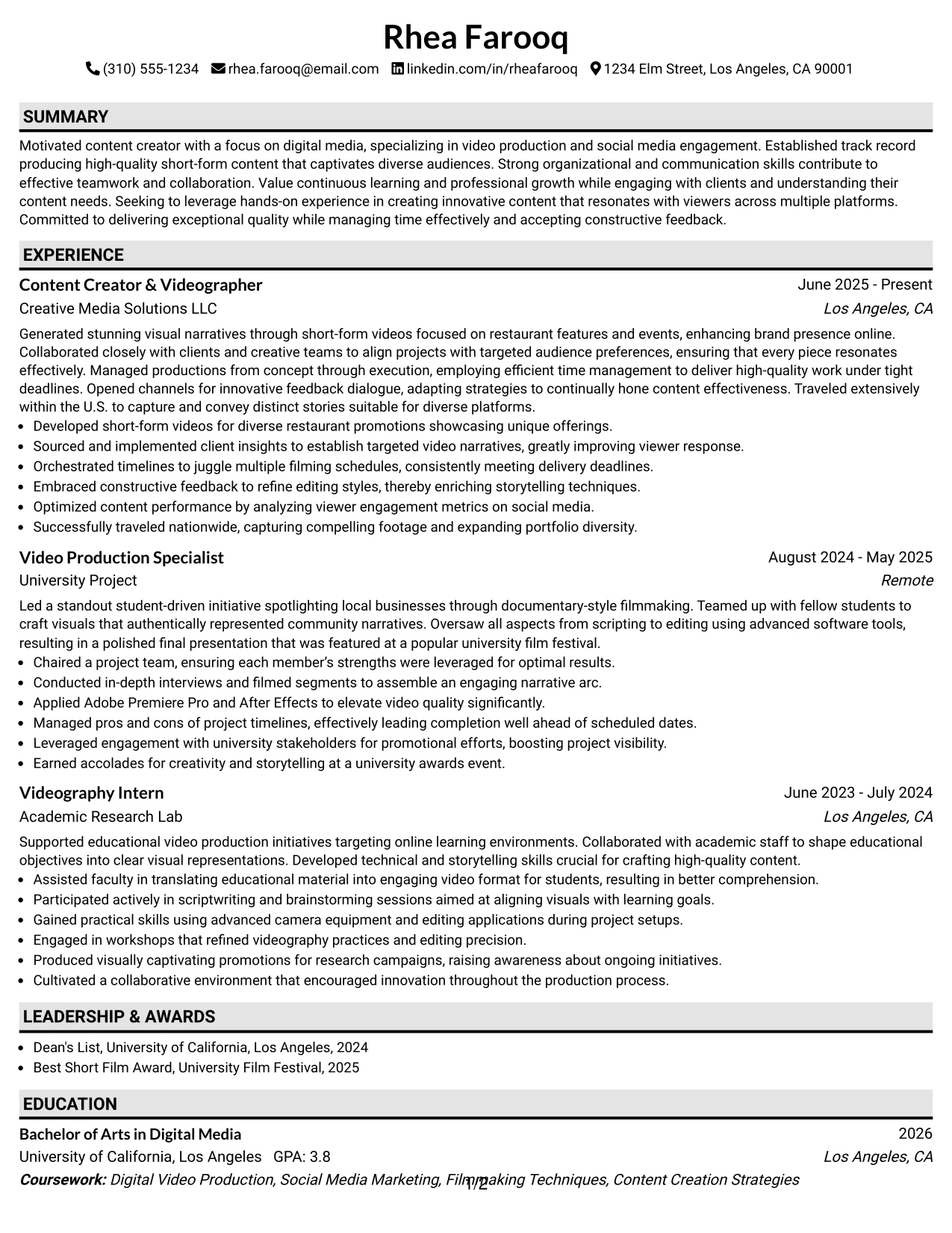 Resume Example Page 1