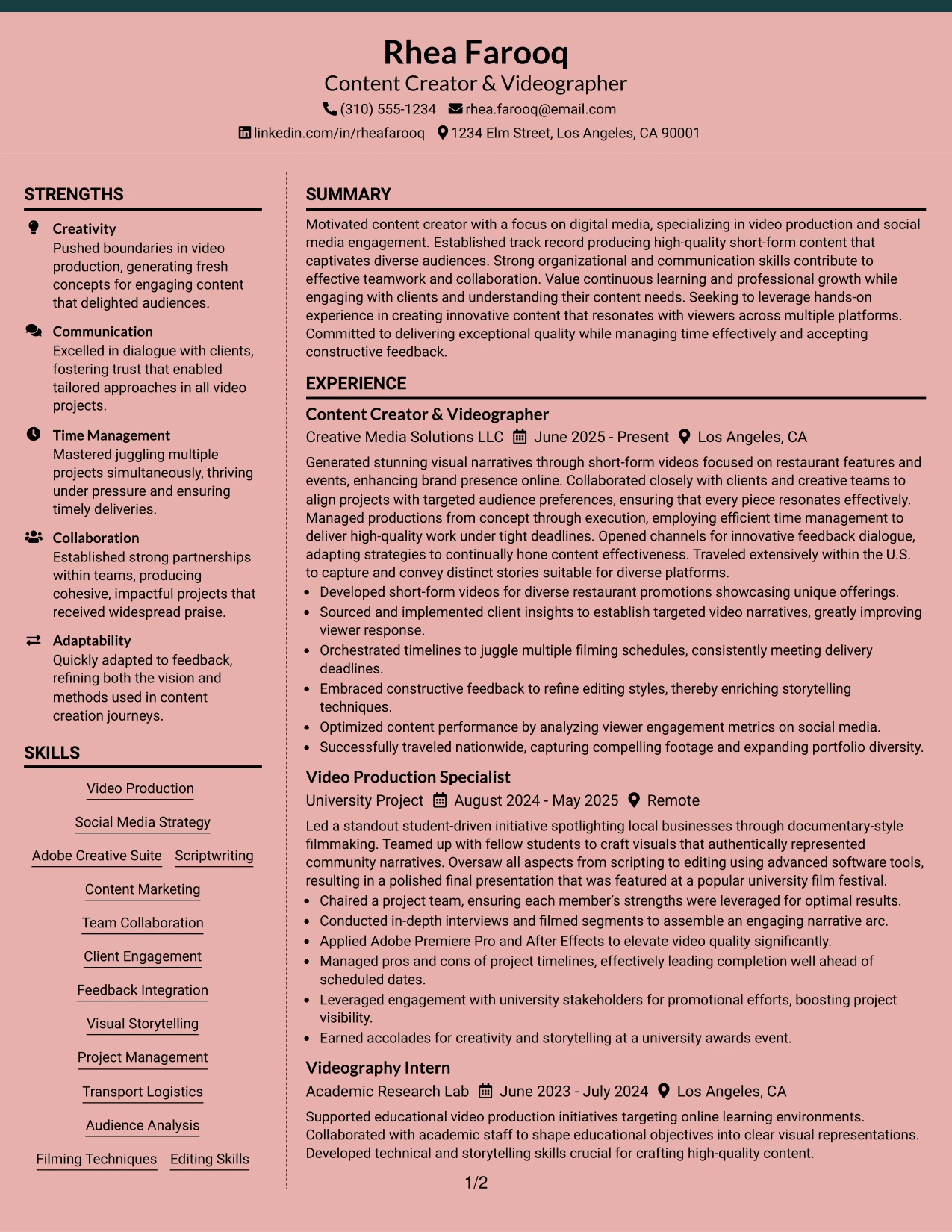 Resume Example Page 1