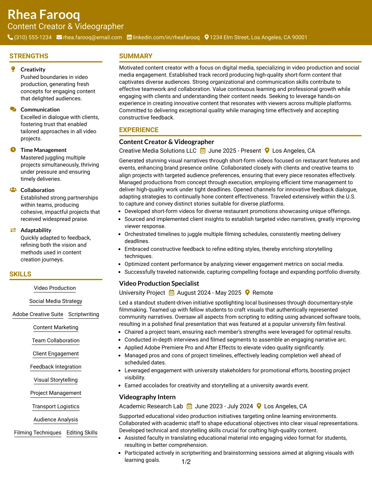 Resume Example Page 1