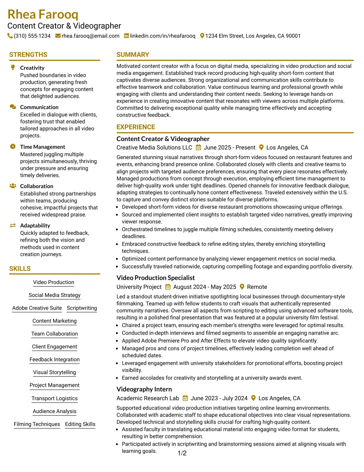 Resume Example Page 1