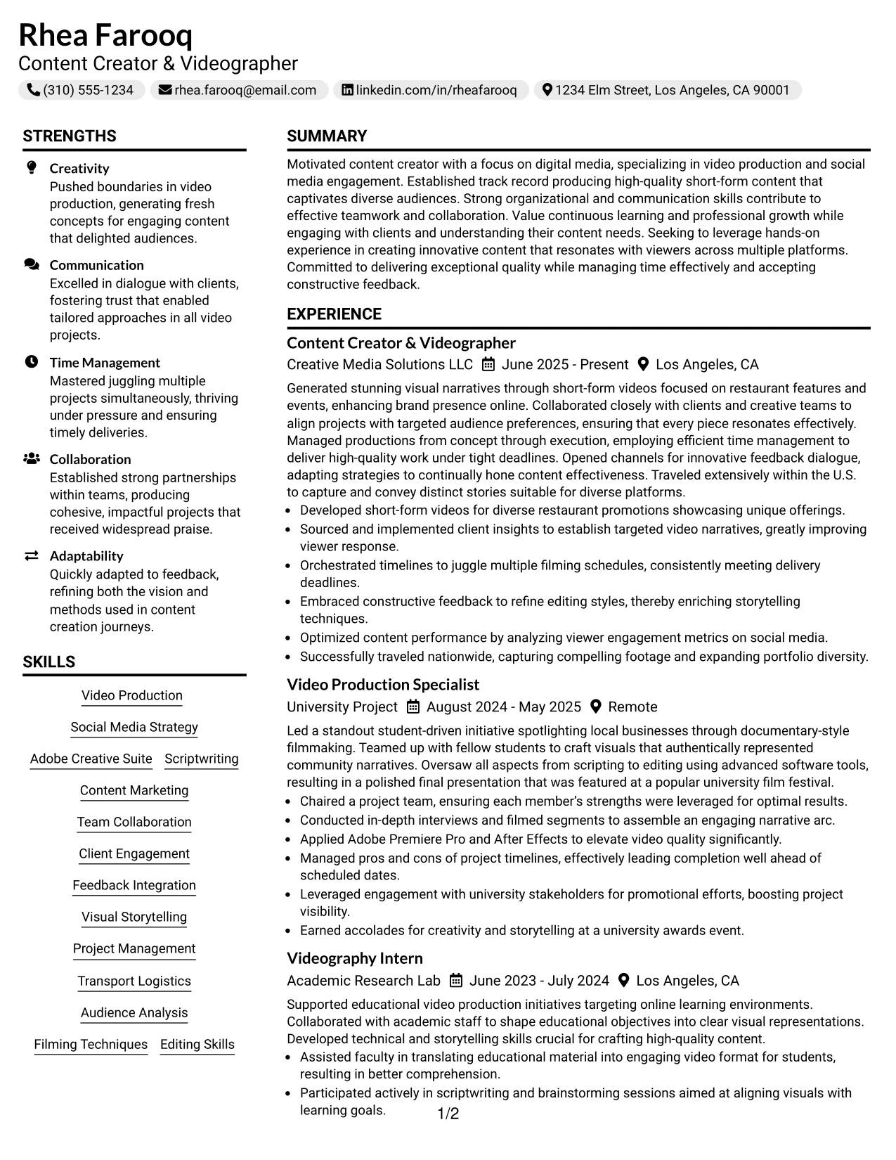 Resume Example Page 1