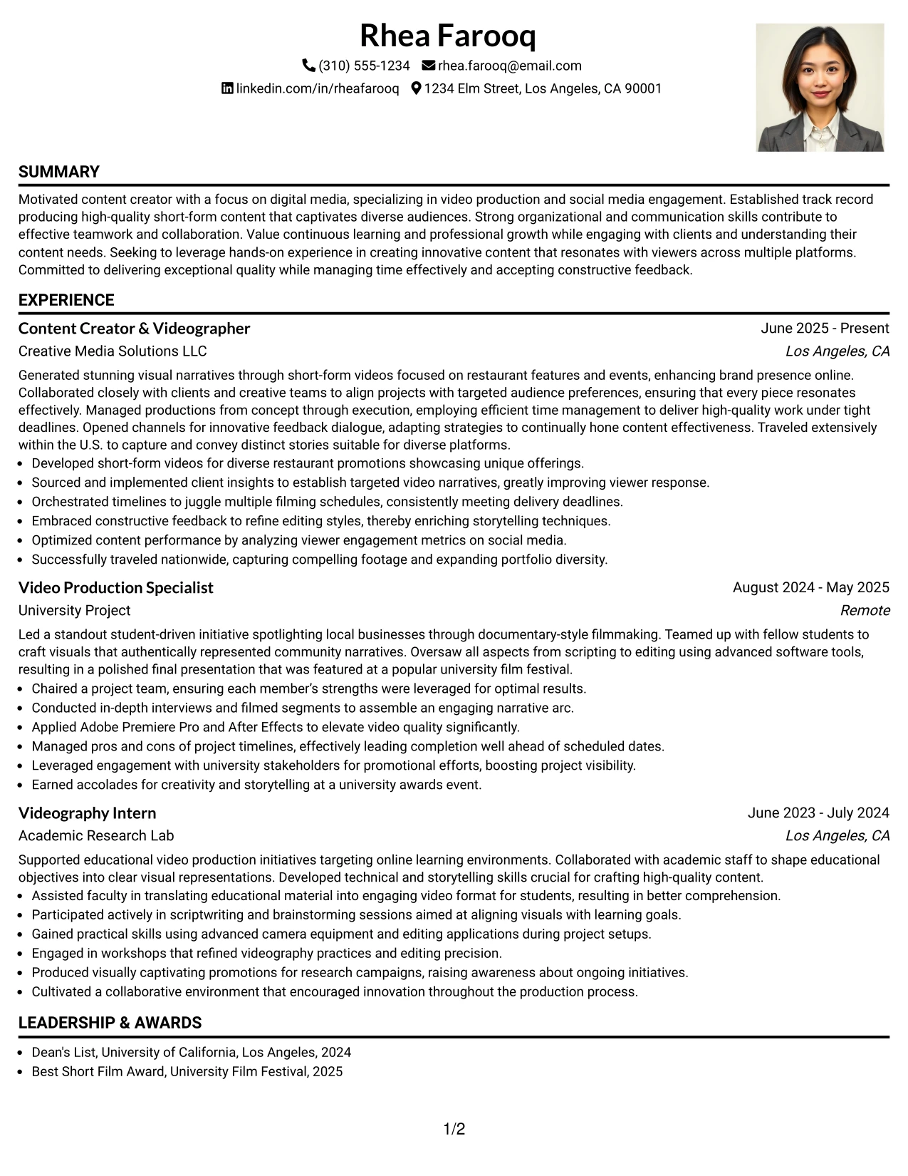 Resume Example Page 1