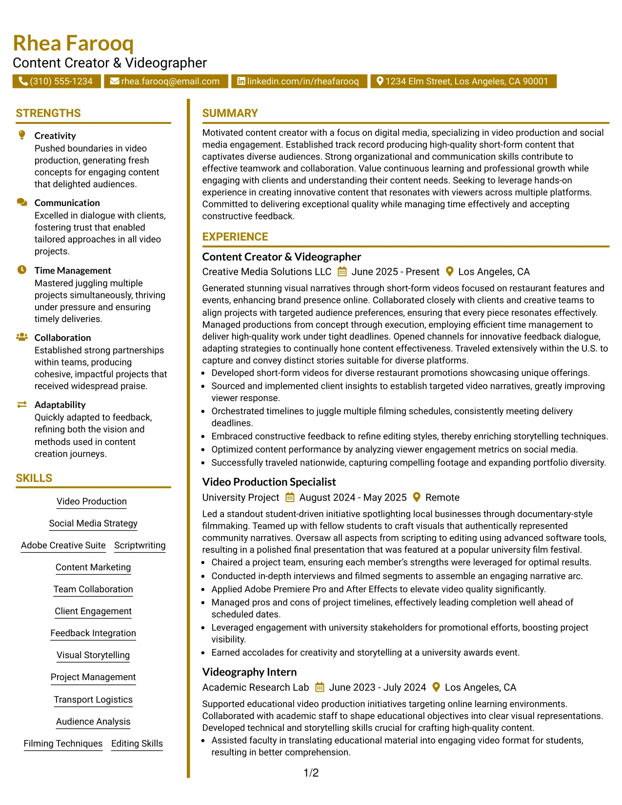 Resume Example Page 1