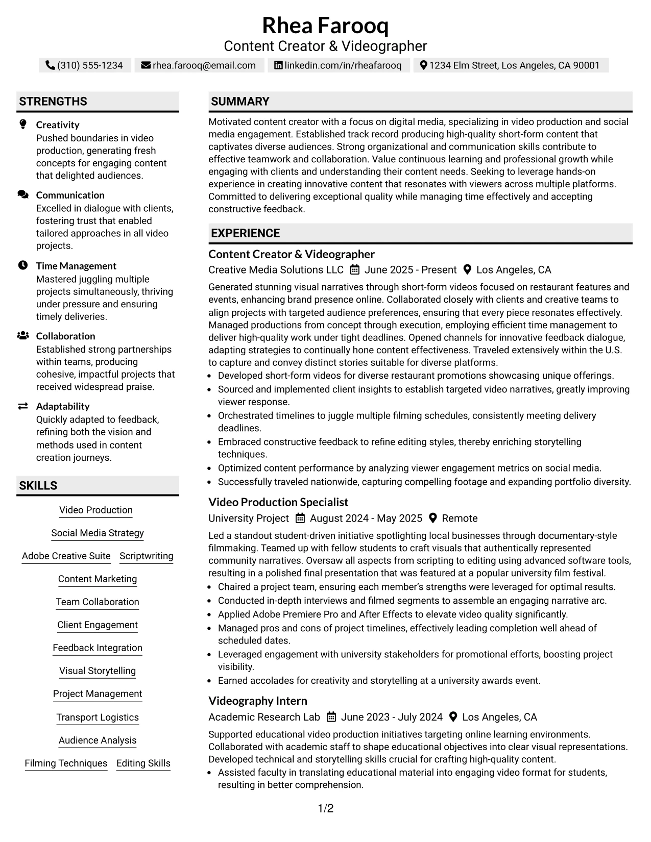 Resume Example Page 1