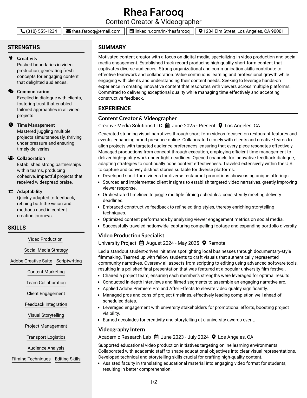 Resume Example Page 1