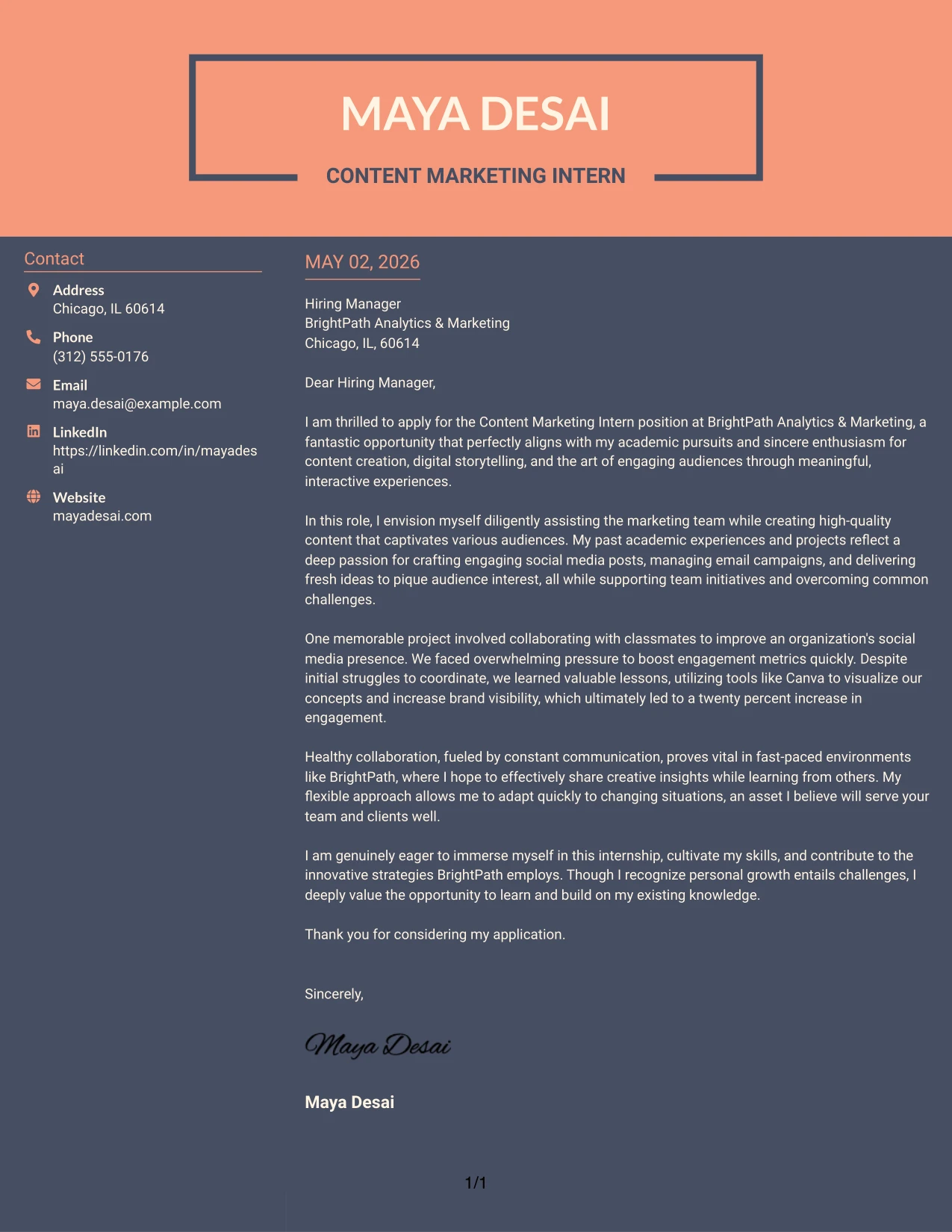 Content Marketing Intern Cover Letter Example Creative Two Tone Format