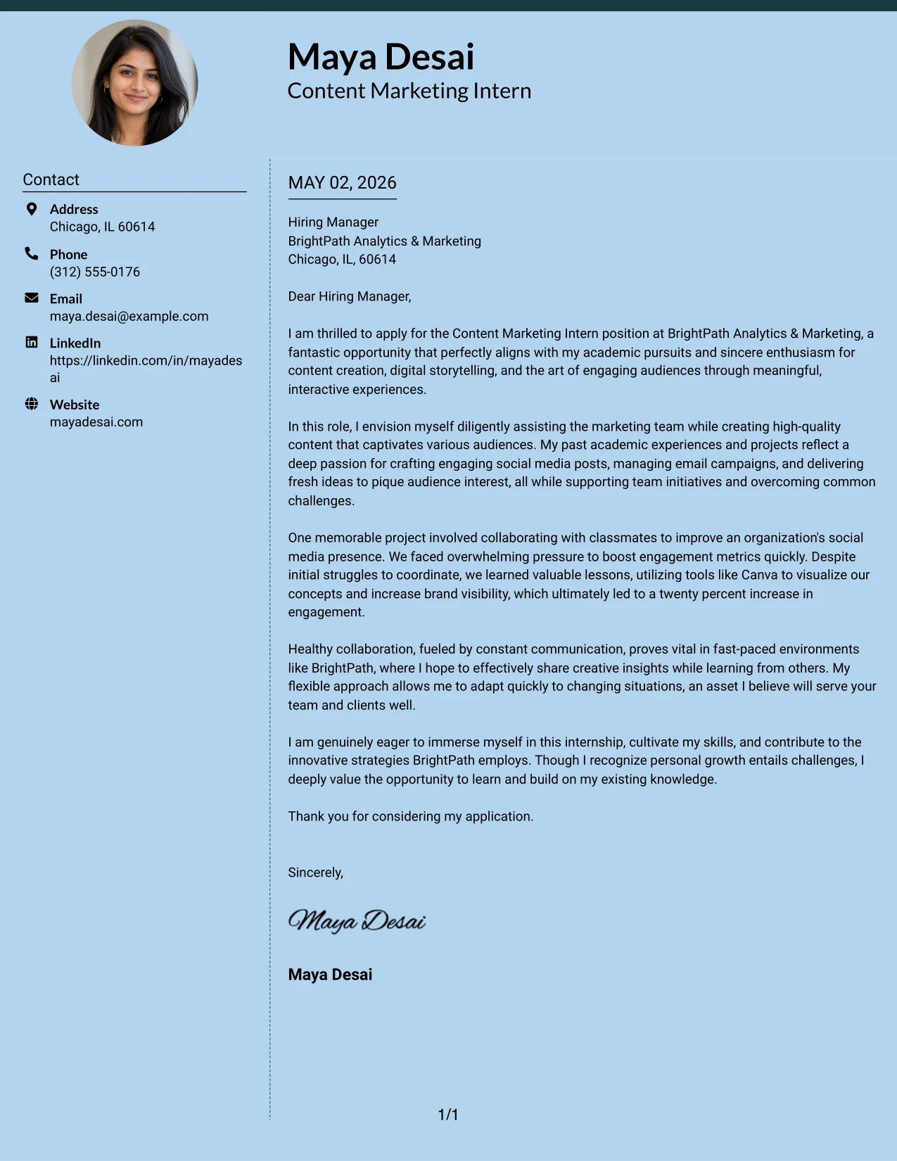 Content Marketing Intern Cover Letter Example Modern Full Background Two Column Format