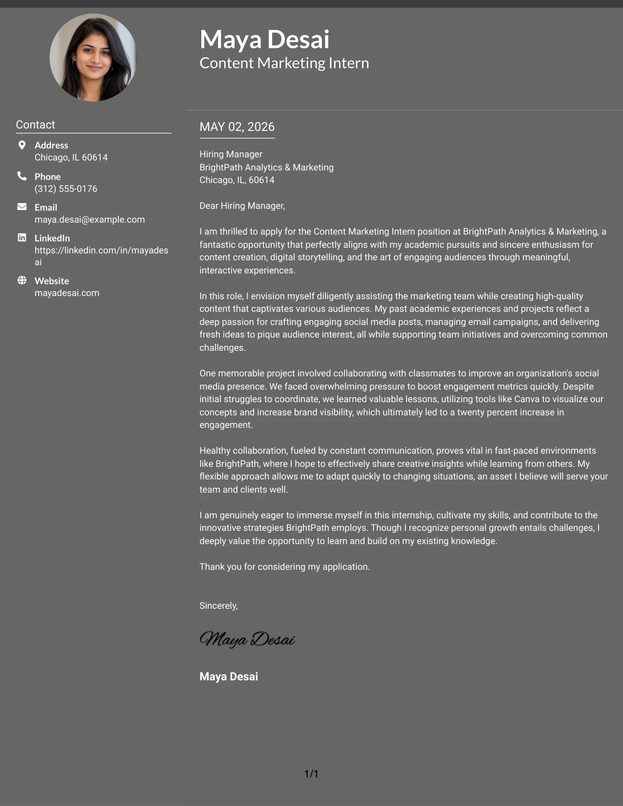 Content Marketing Intern Cover Letter Example Dark Mode Two Column Format