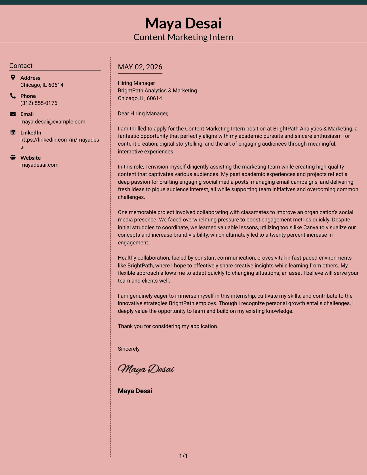 Content Marketing Intern Cover Letter Example Elegant Full Background Two Column Format