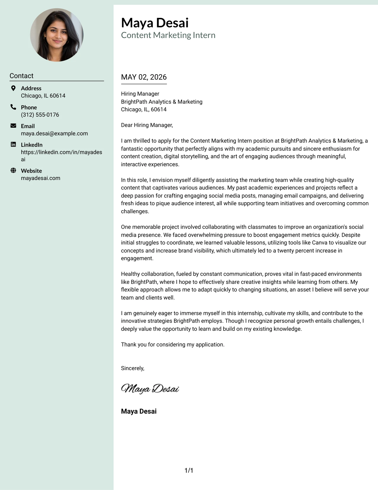 Content Marketing Intern Cover Letter Example Photo Header Color Sidebar Format
