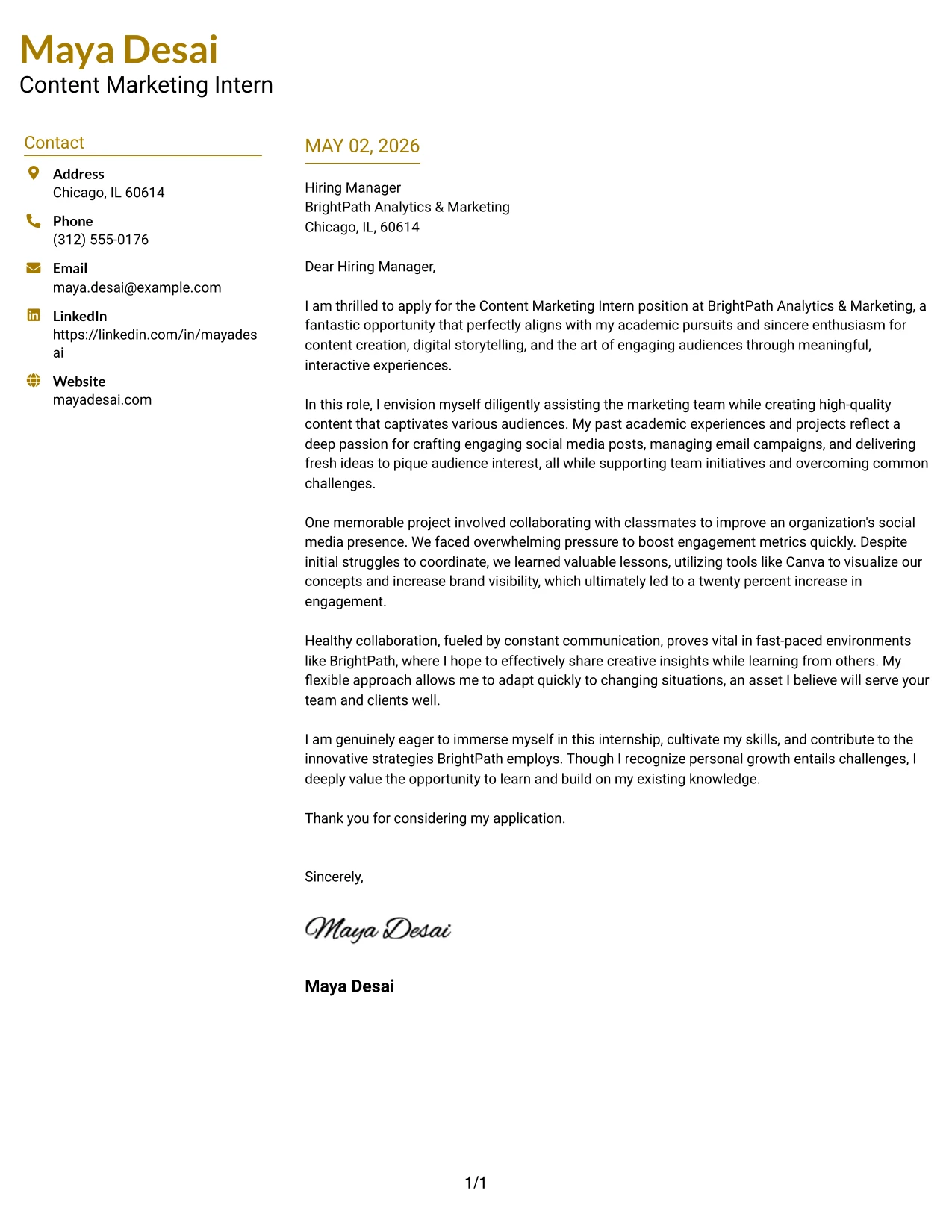 Content Marketing Intern Cover Letter Example Top Left Header Color Accent Format