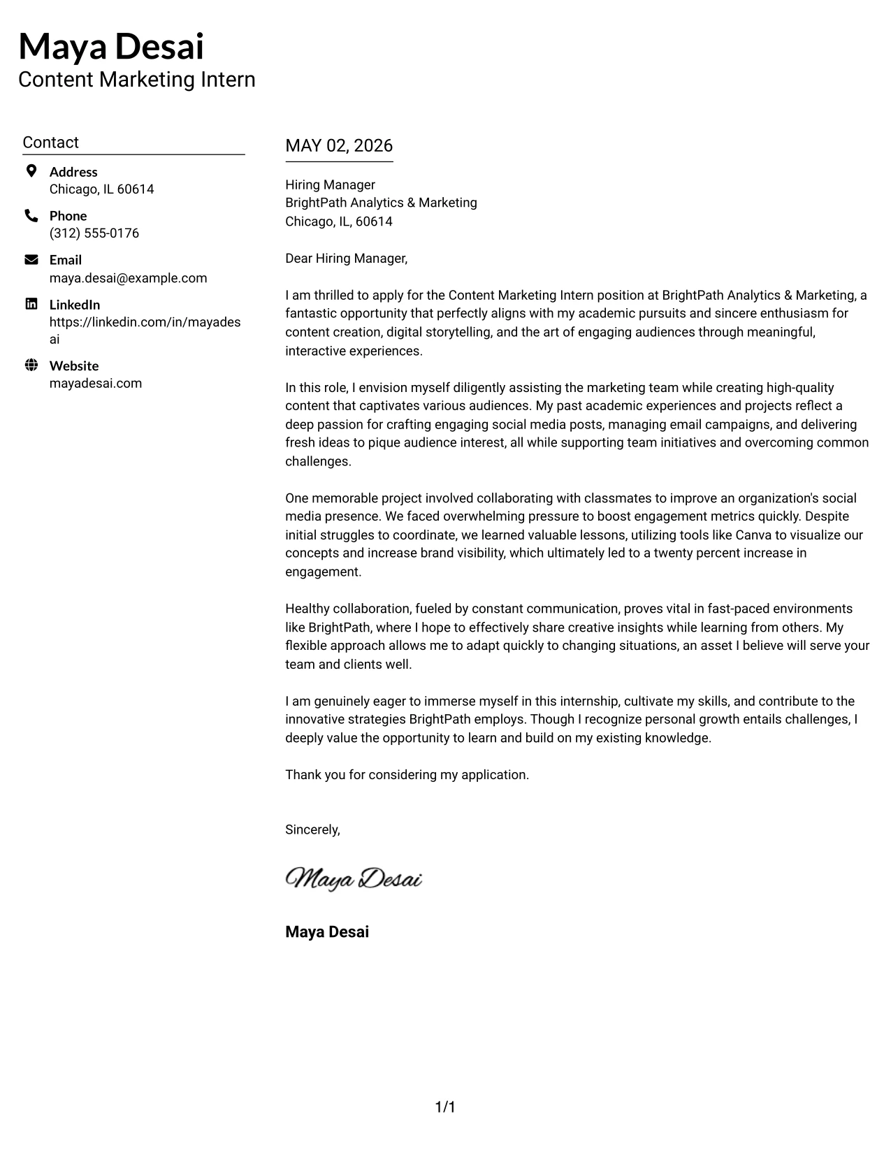 Content Marketing Intern Cover Letter Example Left Aligned Header Clean Two Column Format