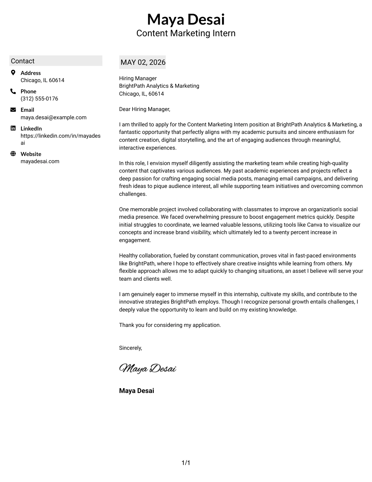 Content Marketing Intern Cover Letter Example Shaded Labels Clean Two Column Format