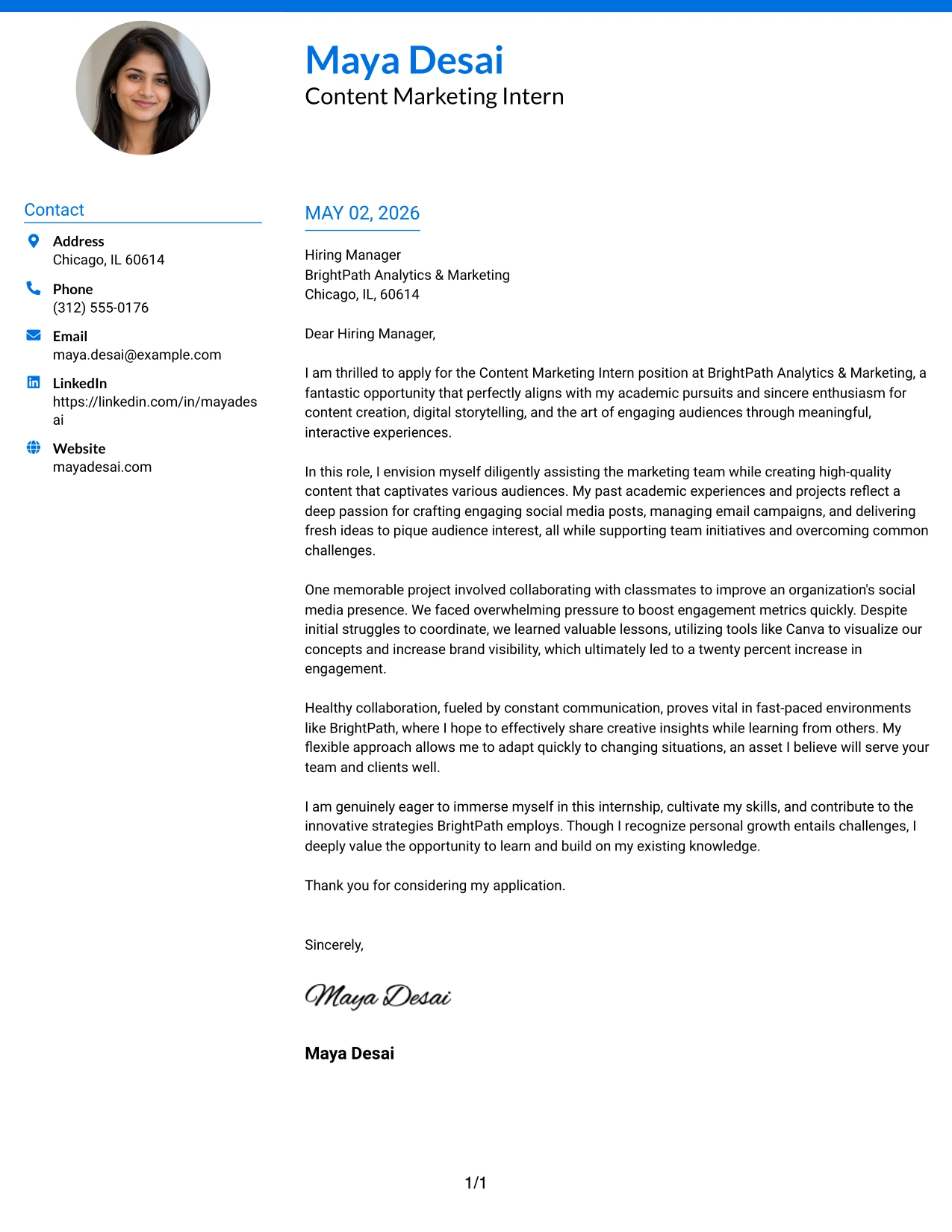Content Marketing Intern Cover Letter Example Photo Header Color Accent International Format