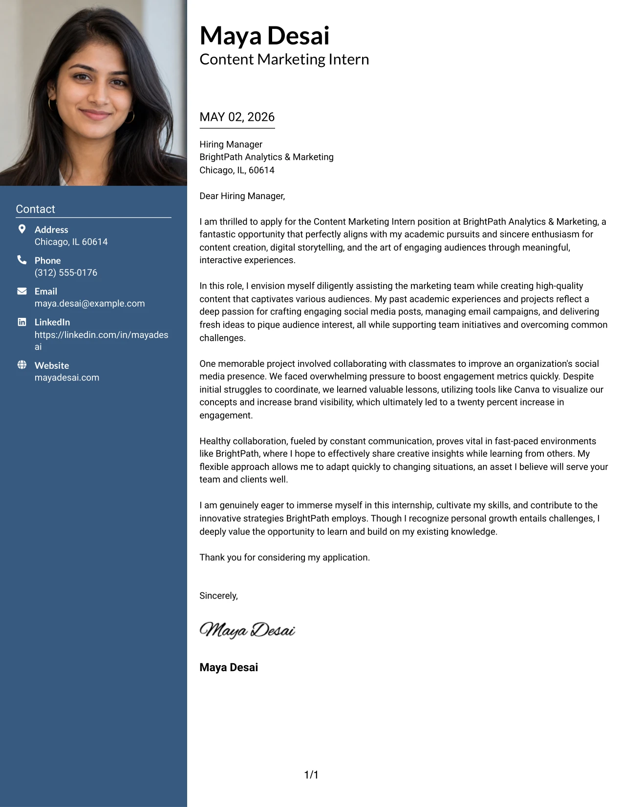 Content Marketing Intern Cover Letter Example with Photo Header