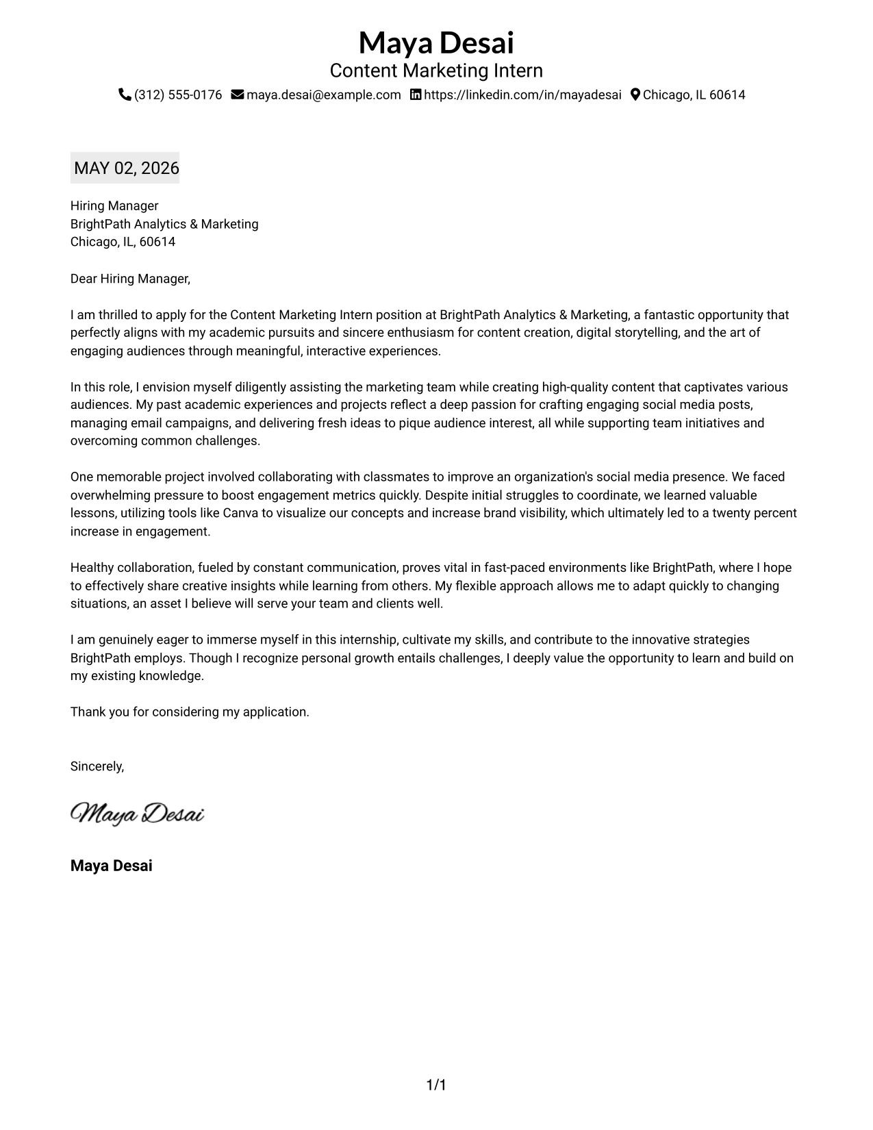 Content Marketing Intern Cover Letter Example Plain Professional Layout with Job Title and Shaded Date
