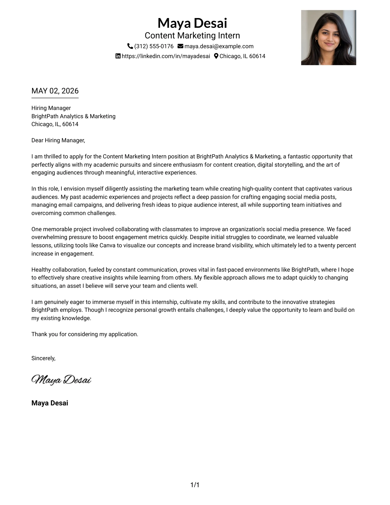 Content Marketing Intern Cover Letter Example One Column Format with Photo Right