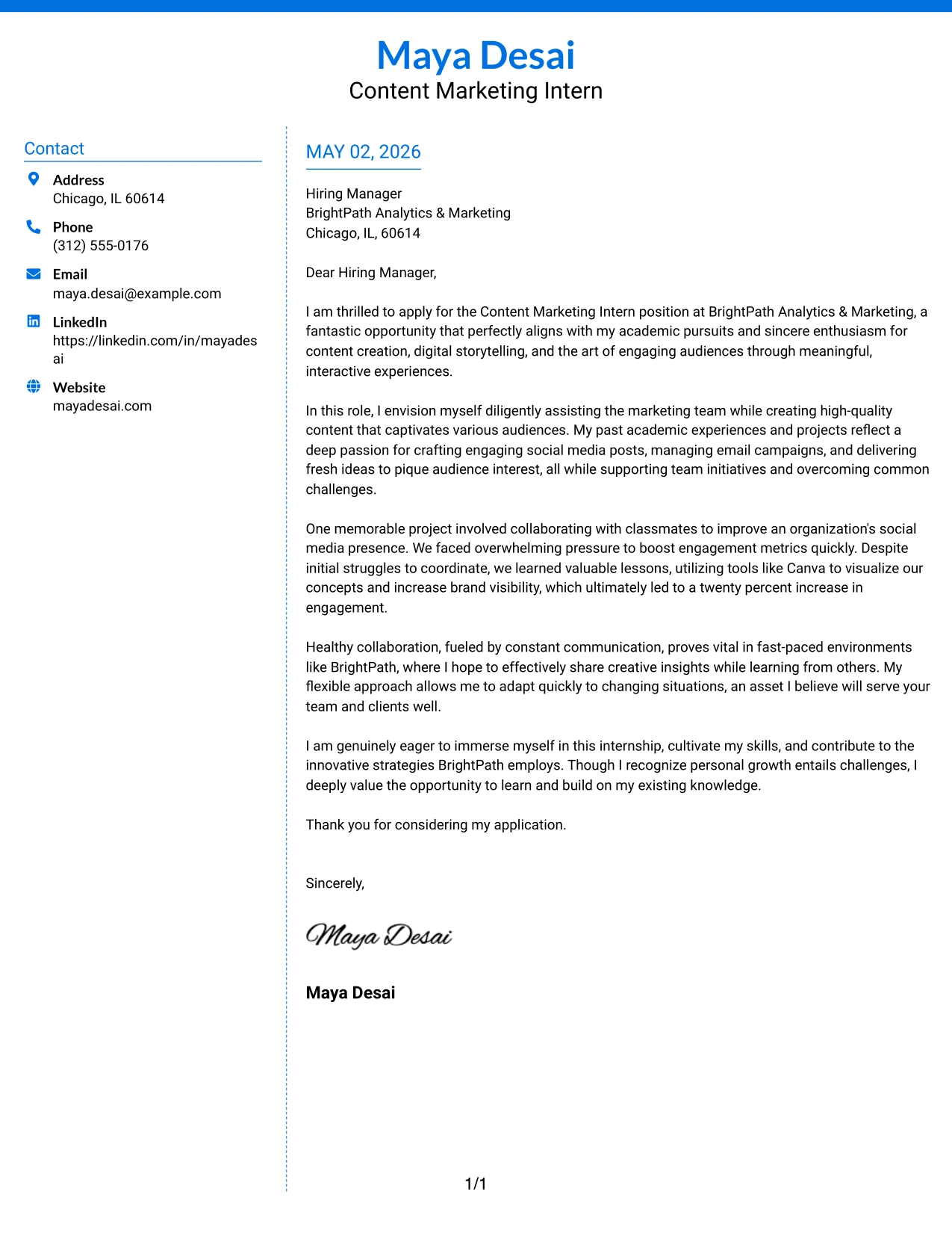Content Marketing Intern Cover Letter Example Colored Two Column Format