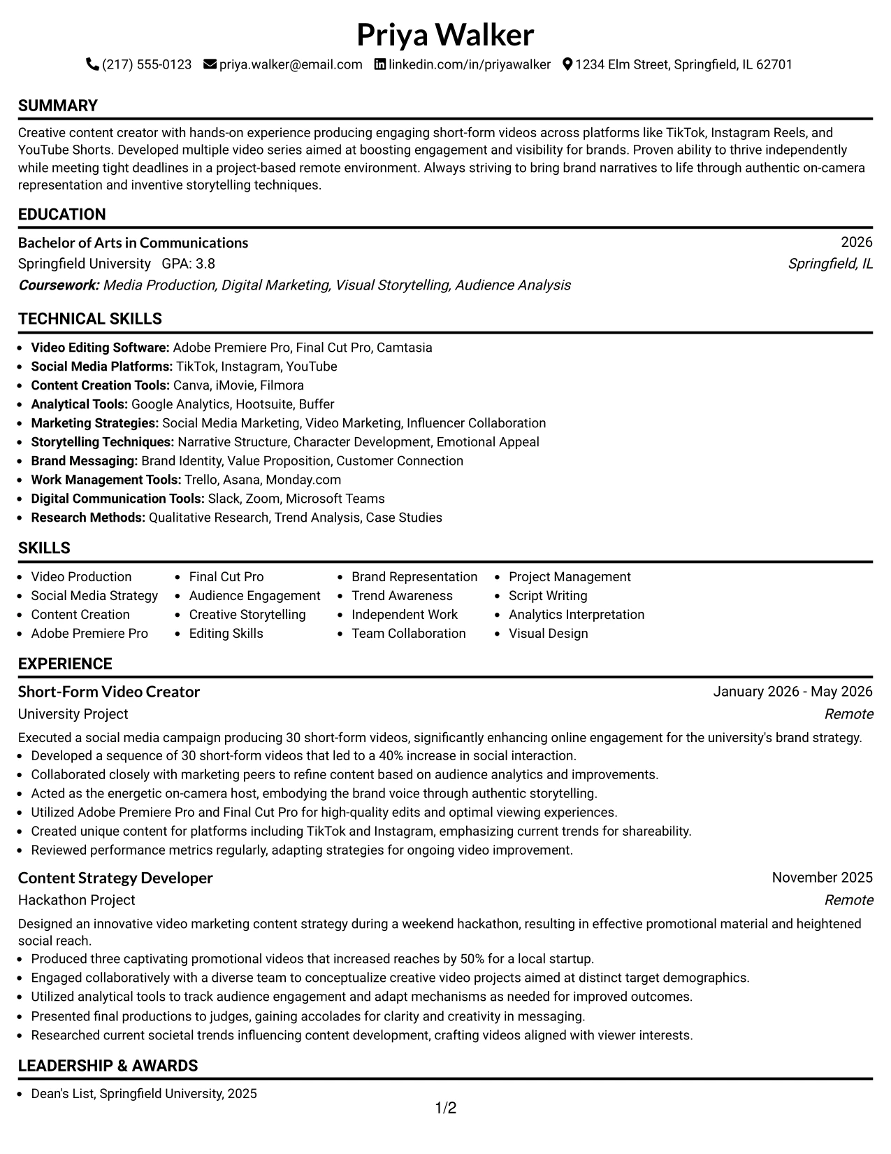 Resume Example Page 1