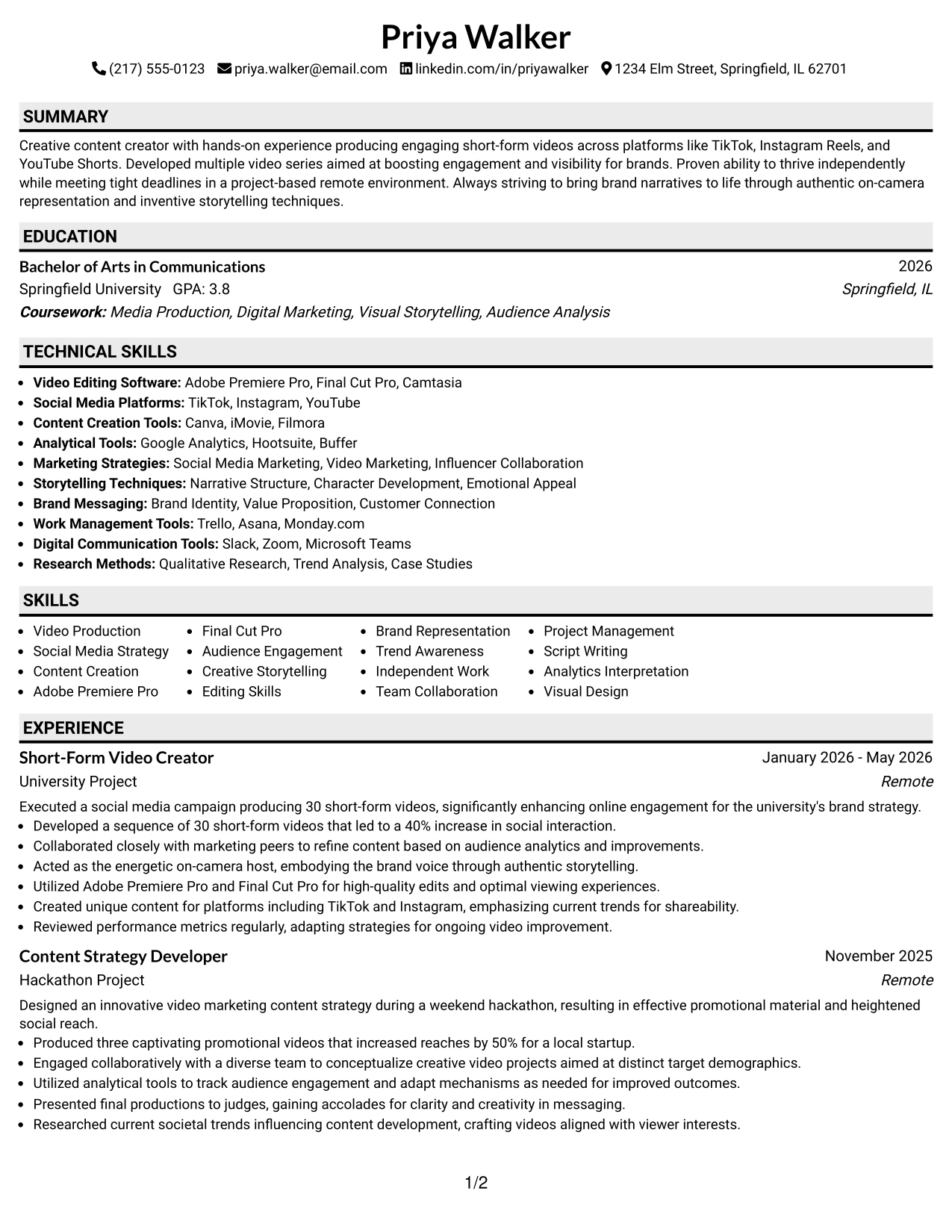 Resume Example Page 1