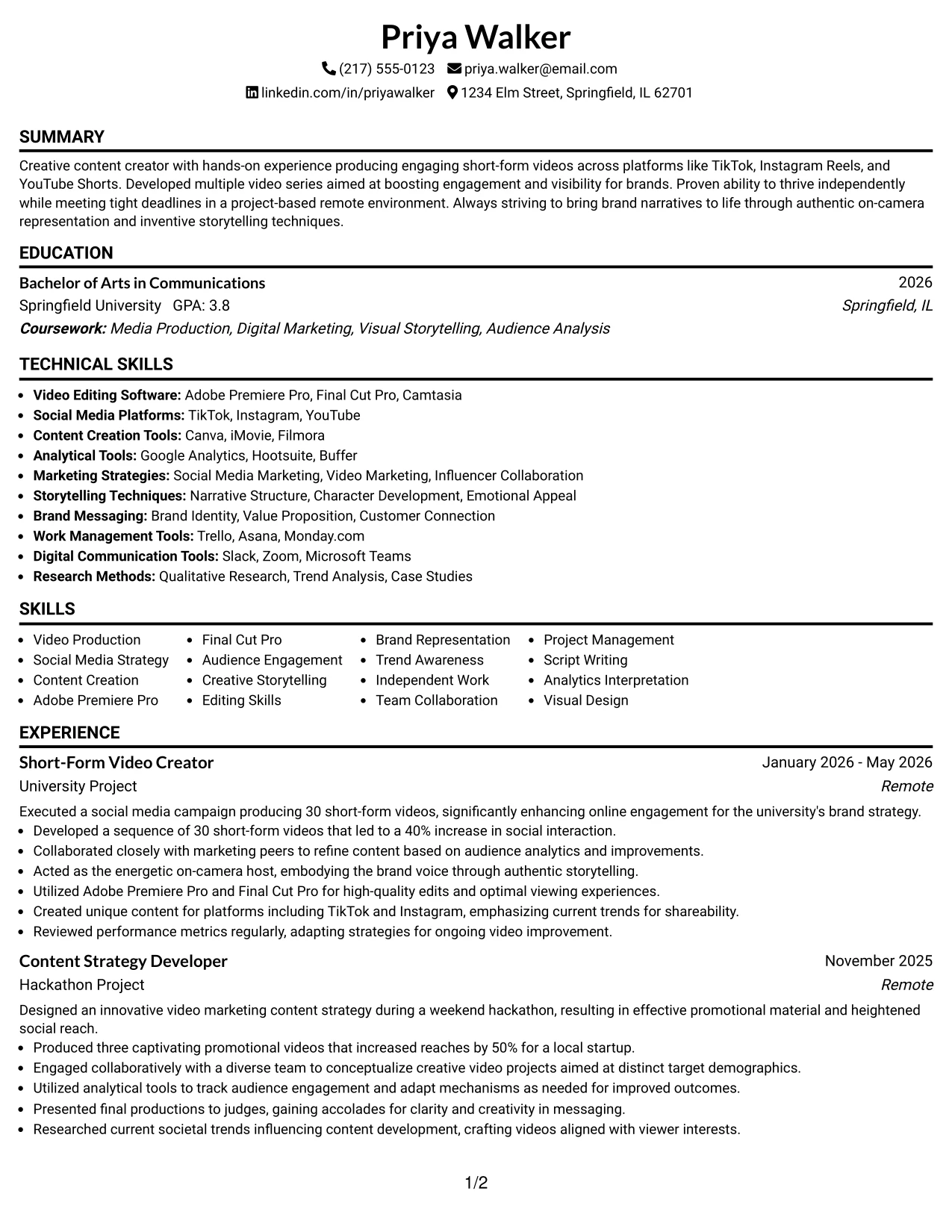 Resume Example Page 1