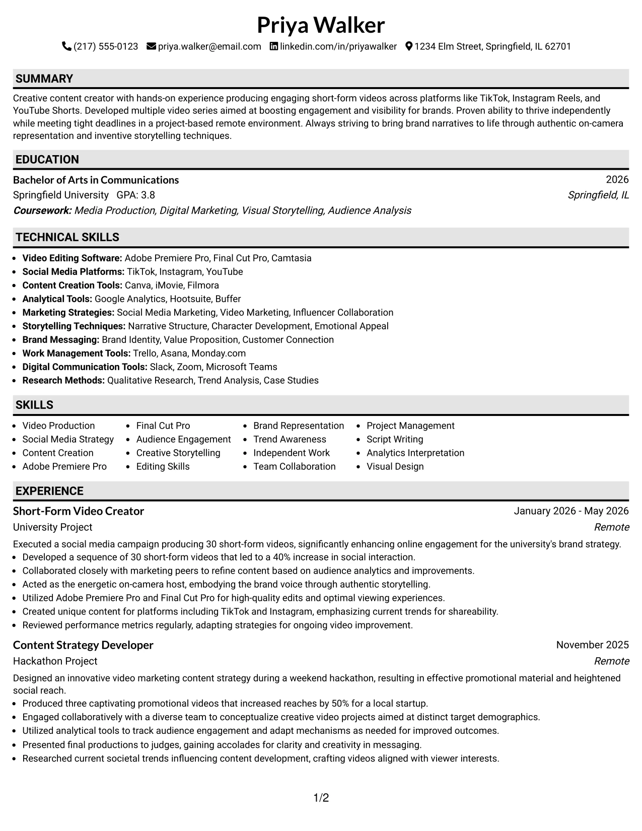 Resume Example Page 1