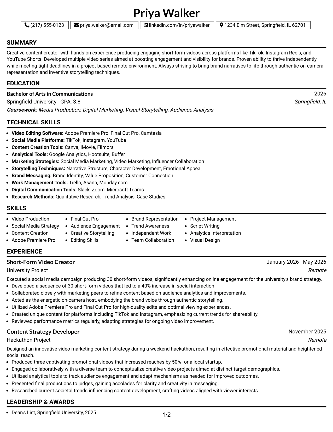 Resume Example Page 1