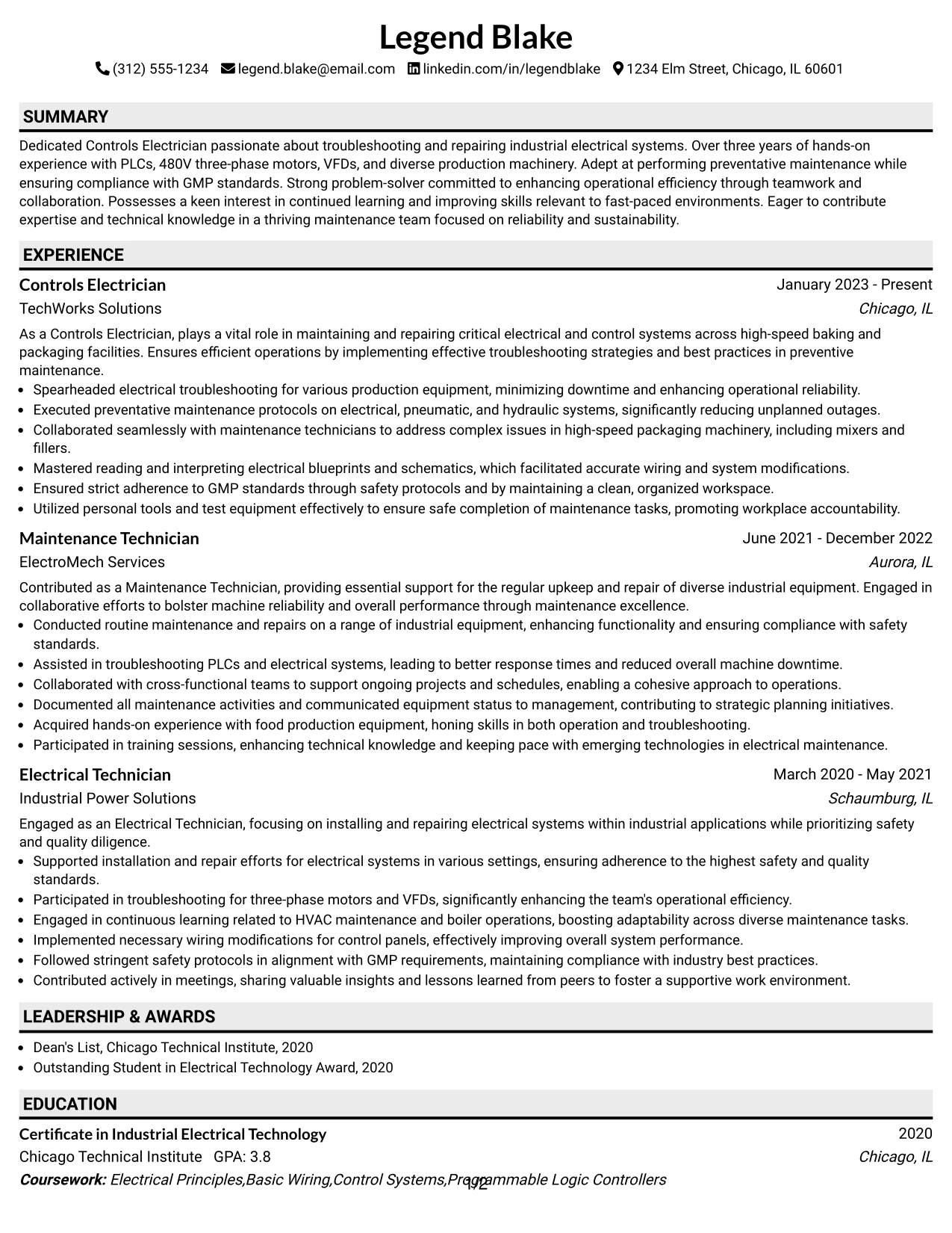Resume Example Page 1