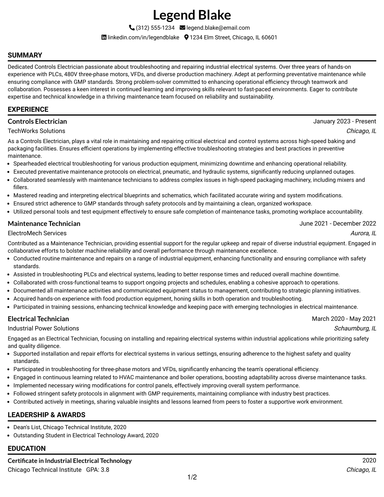 Resume Example Page 1