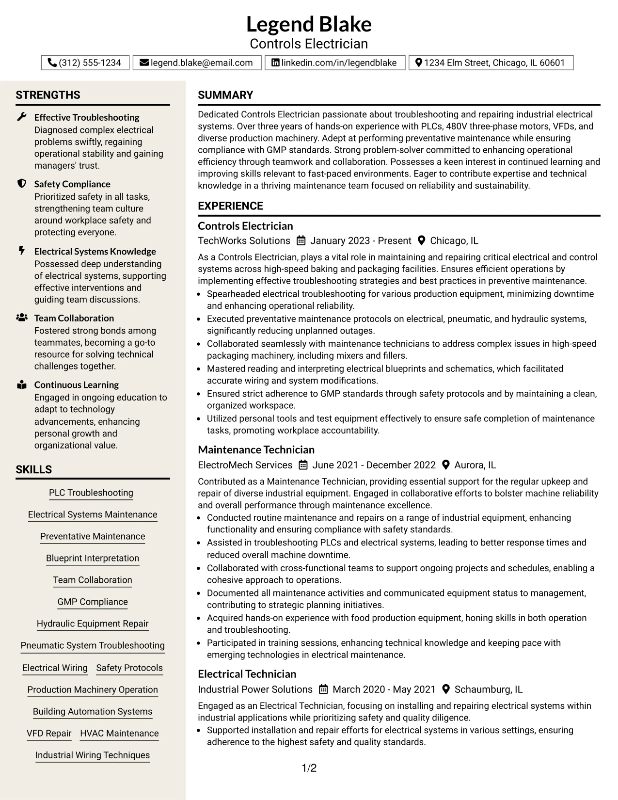 Resume Example Page 1