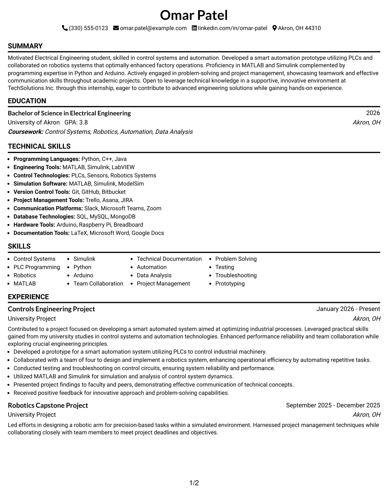 Resume Example Page 1