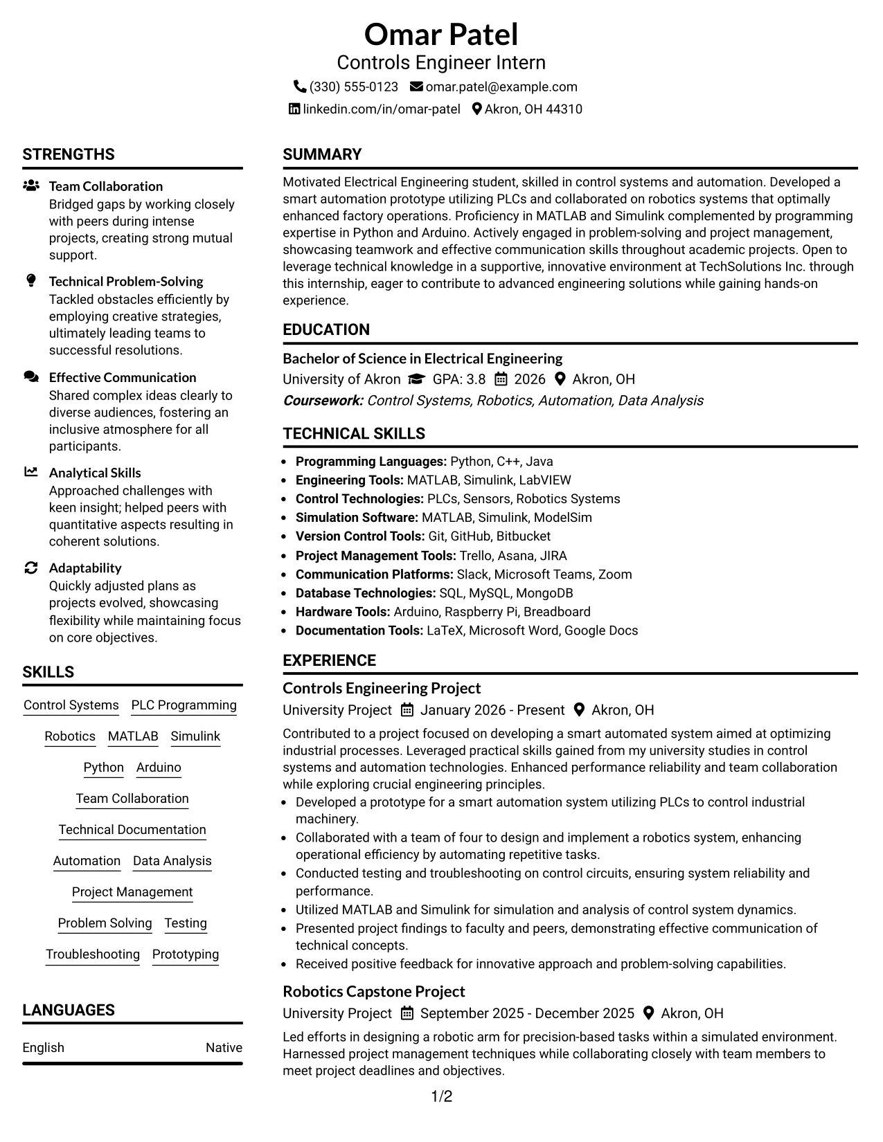 Resume Example Page 1