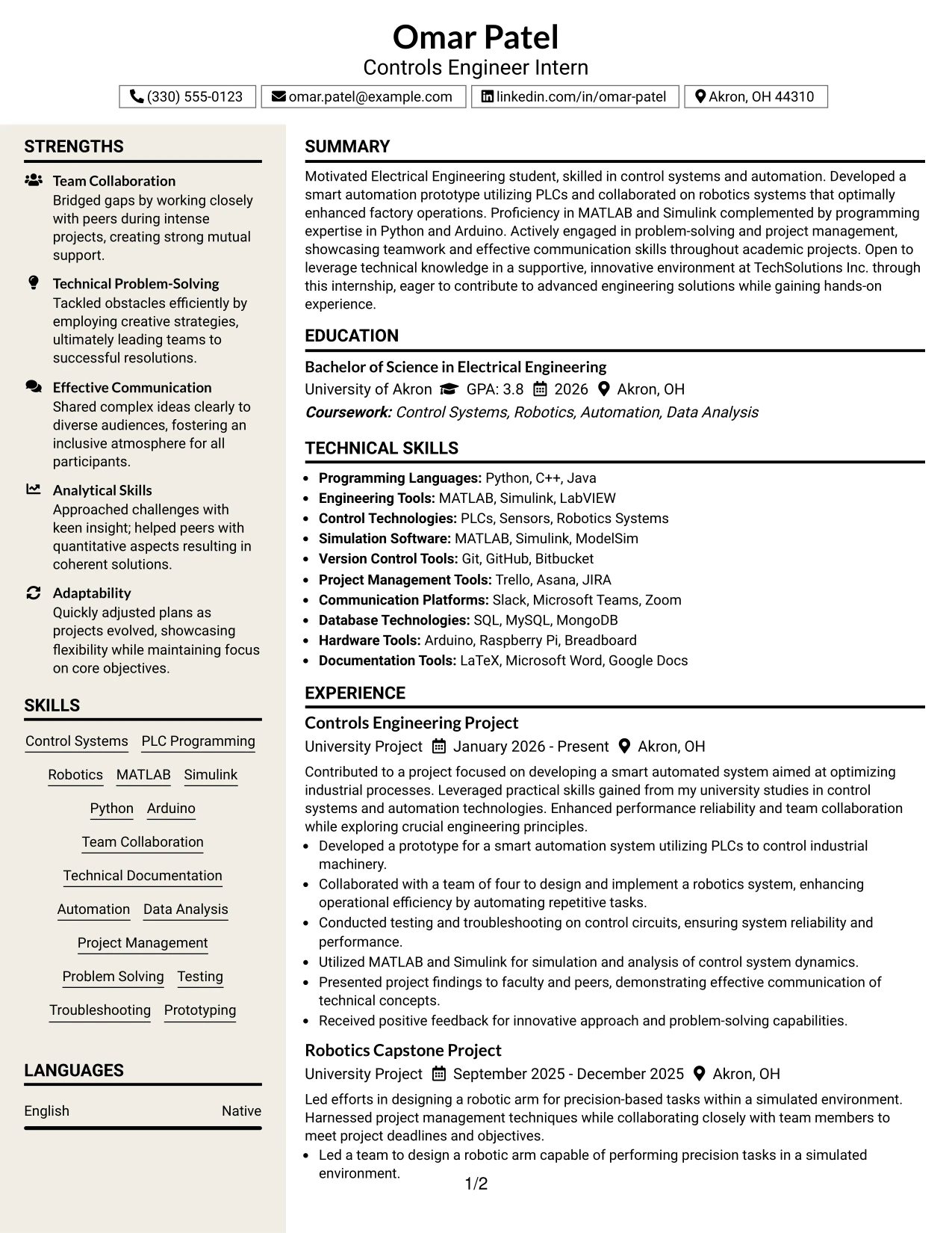 Resume Example Page 1