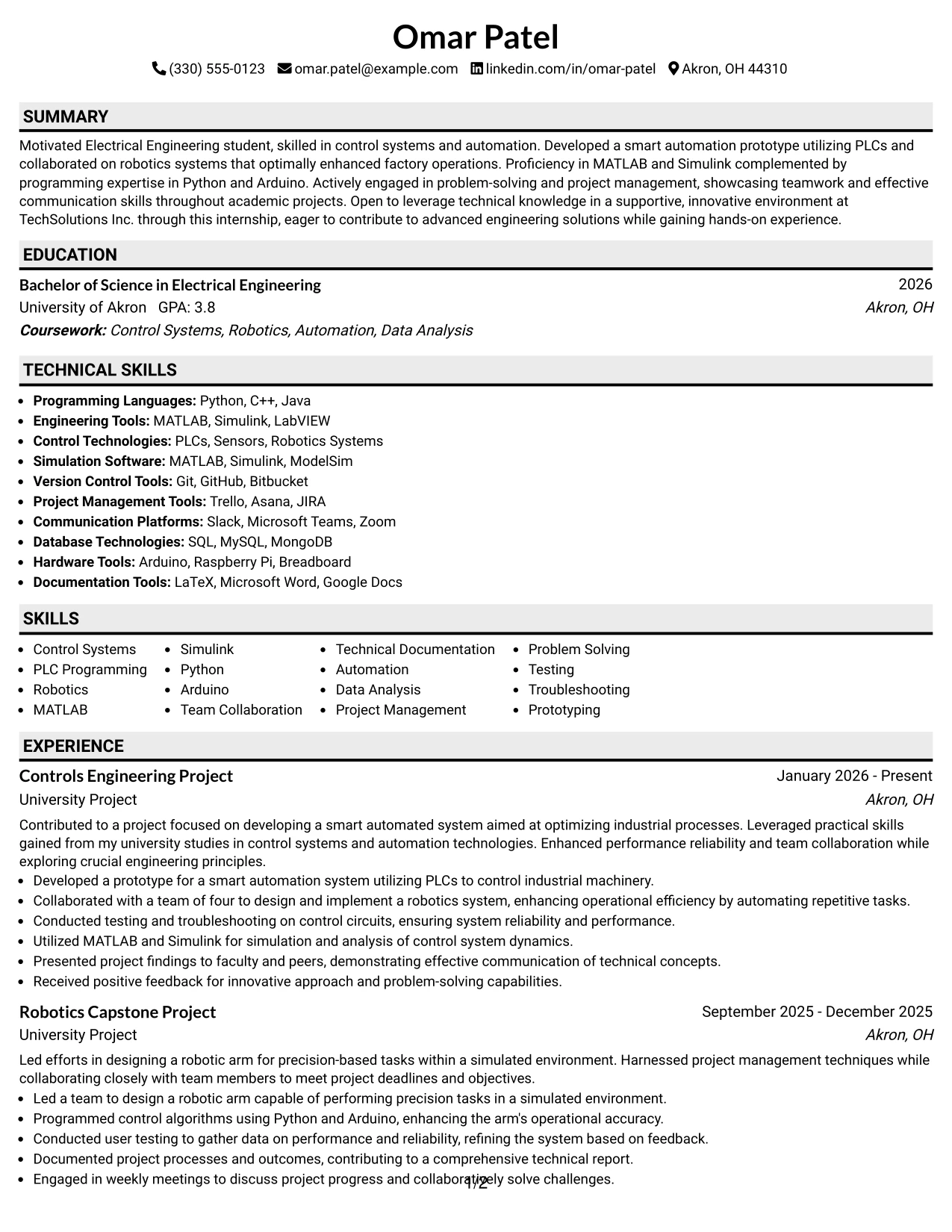 Resume Example Page 1