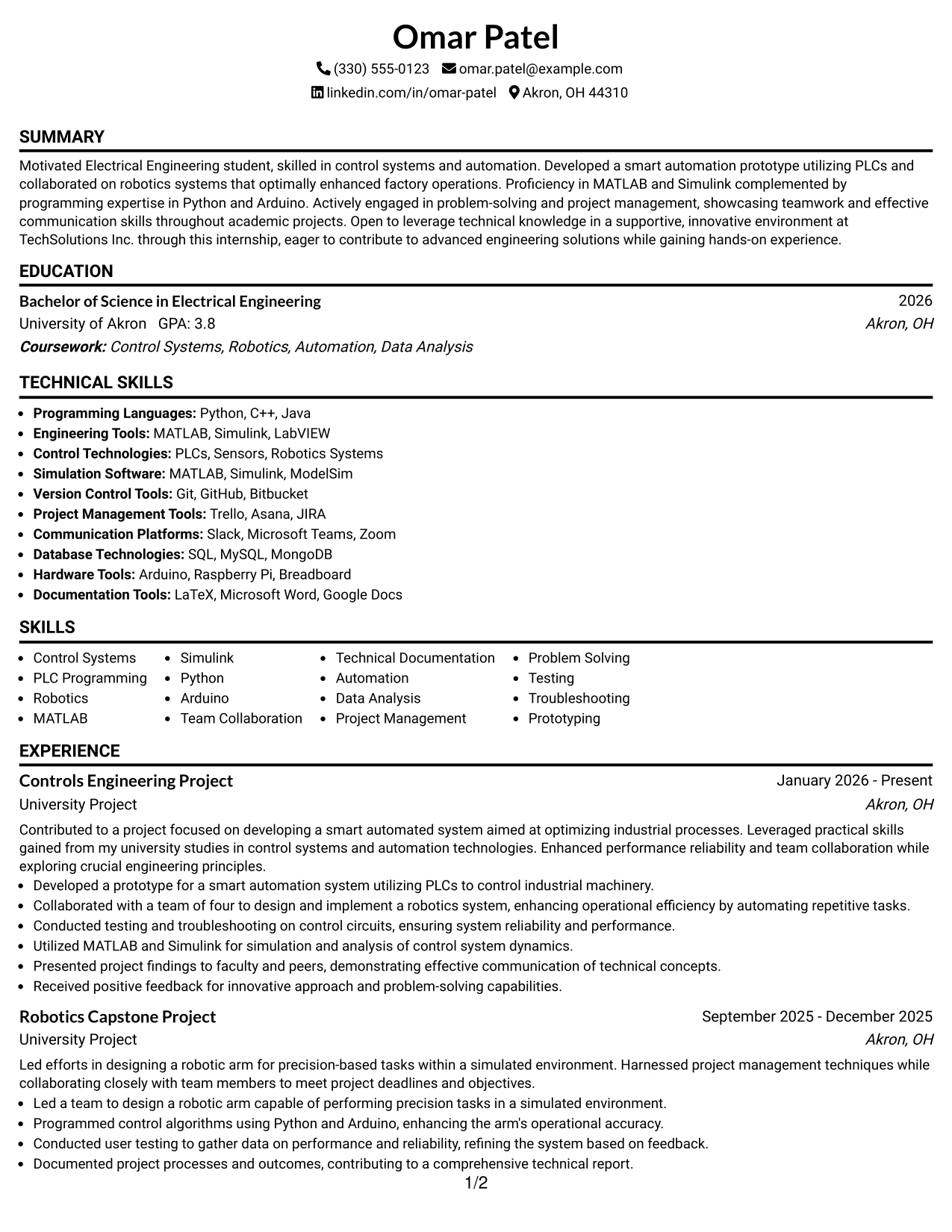 Resume Example Page 1