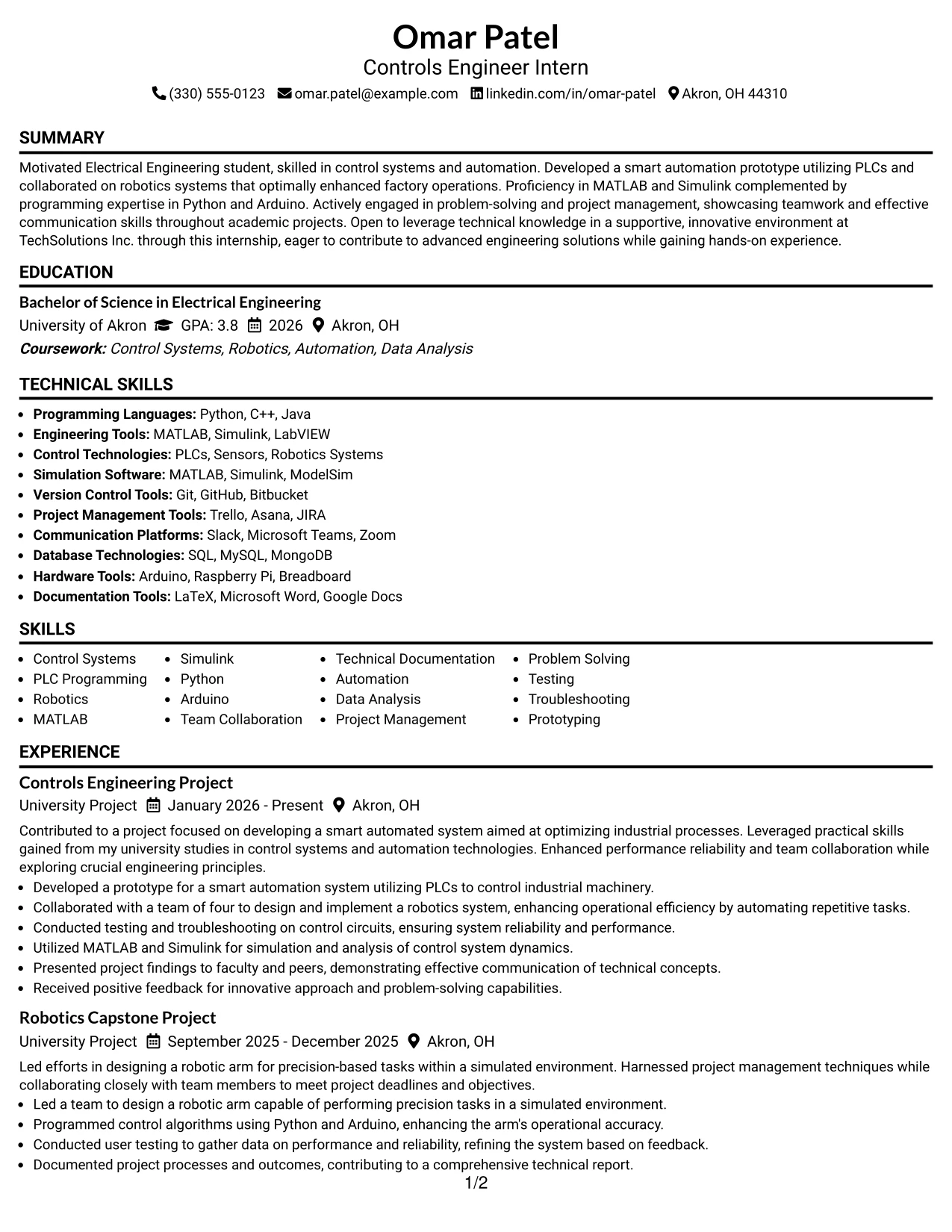 Resume Example Page 1