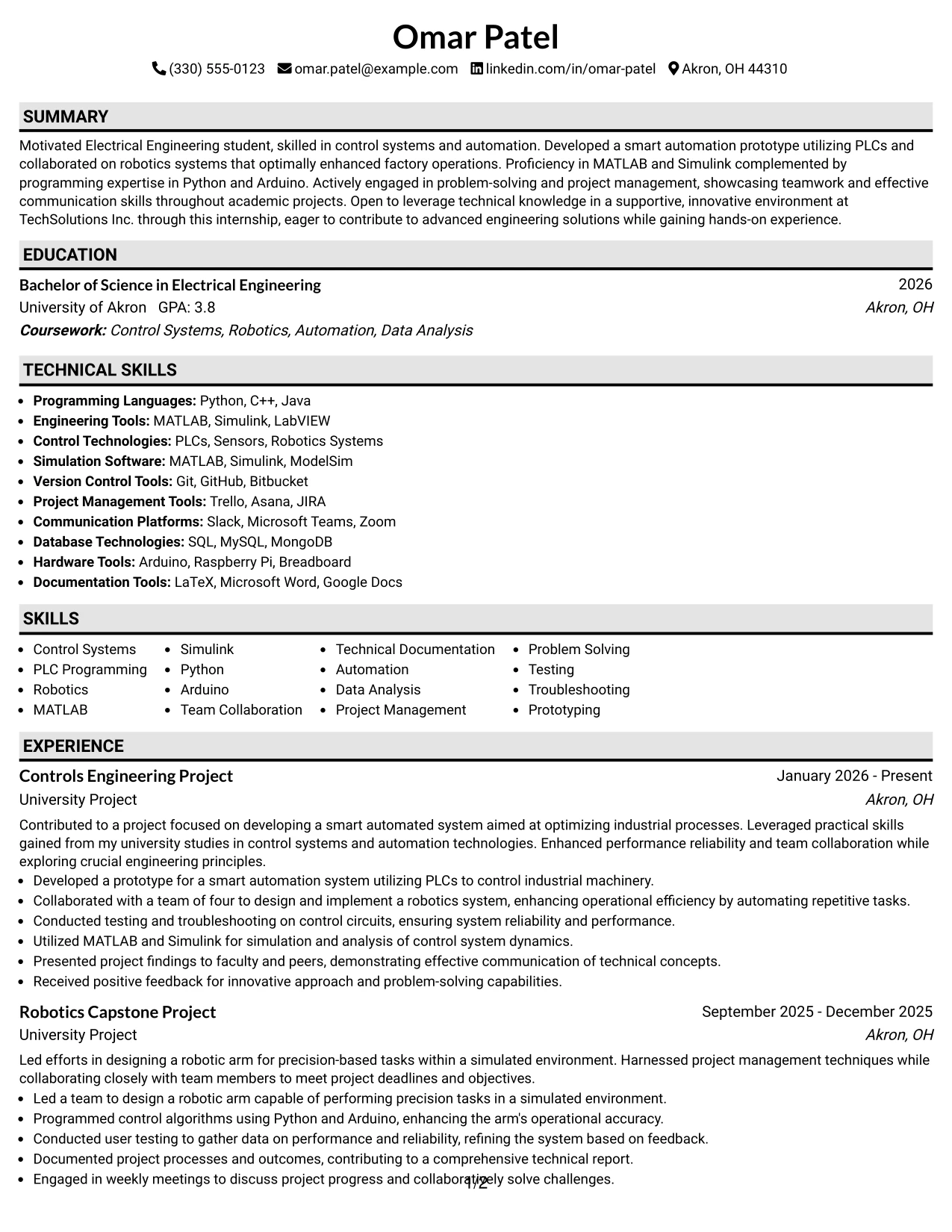 Resume Example Page 1