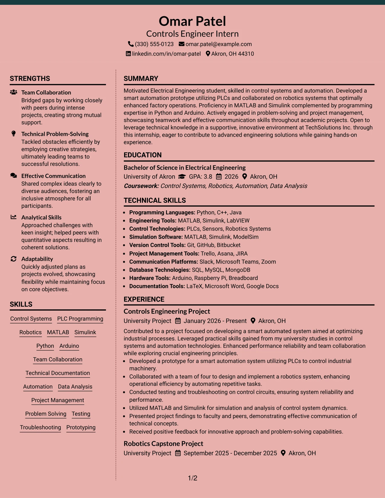 Resume Example Page 1