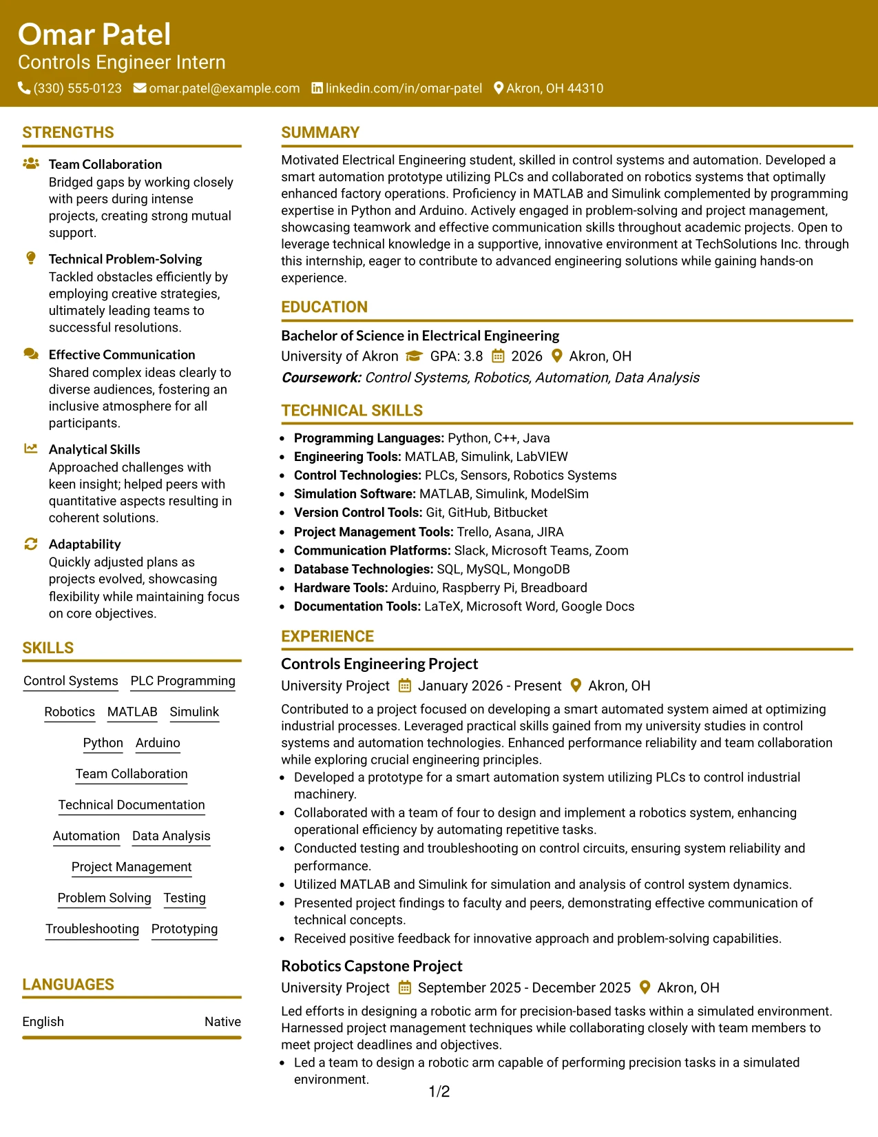 Resume Example Page 1