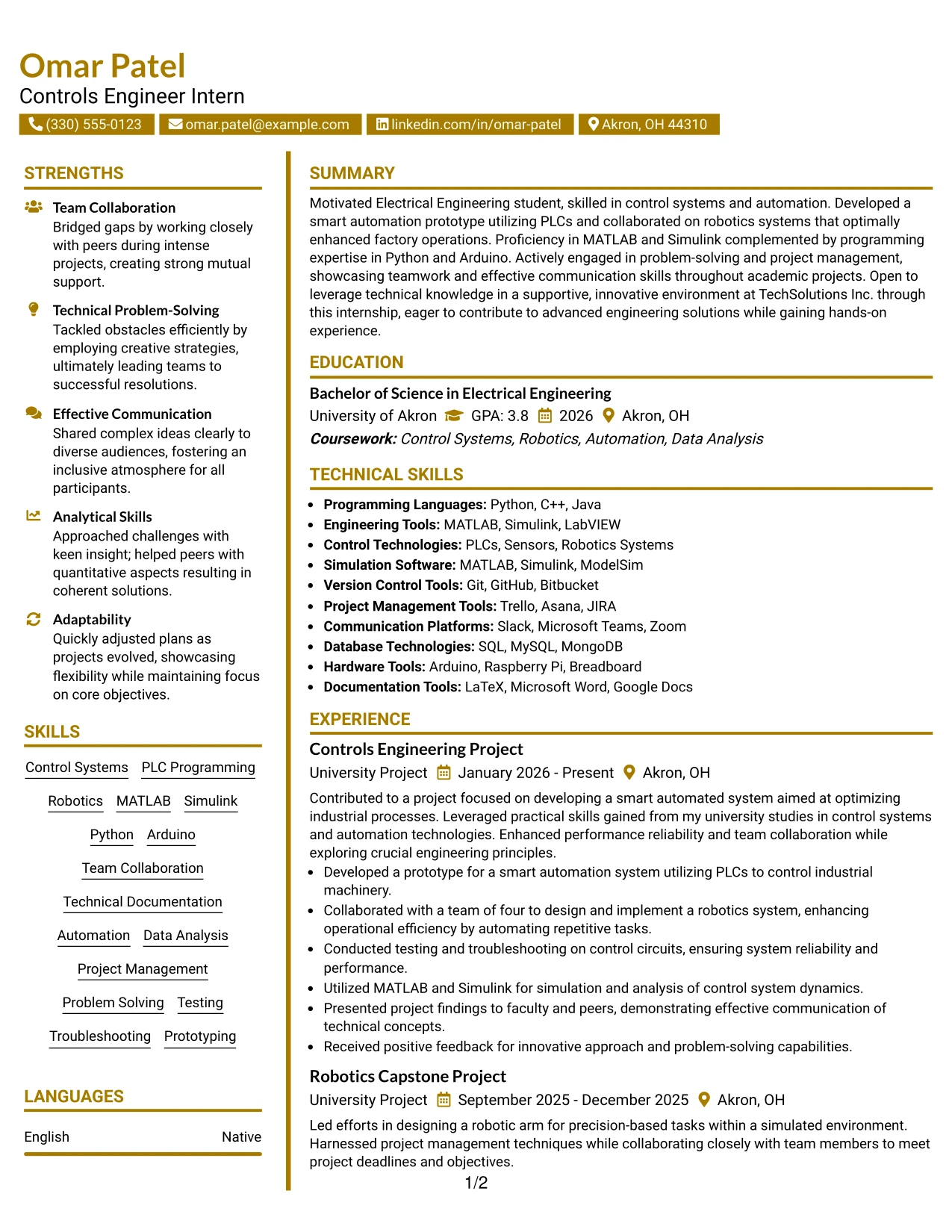 Resume Example Page 1