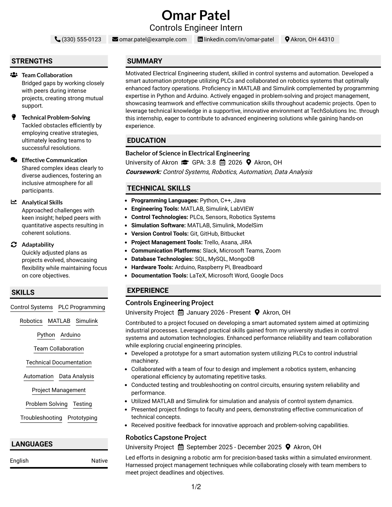Resume Example Page 1