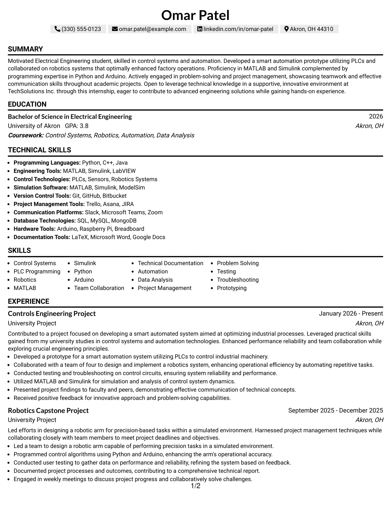 Resume Example Page 1