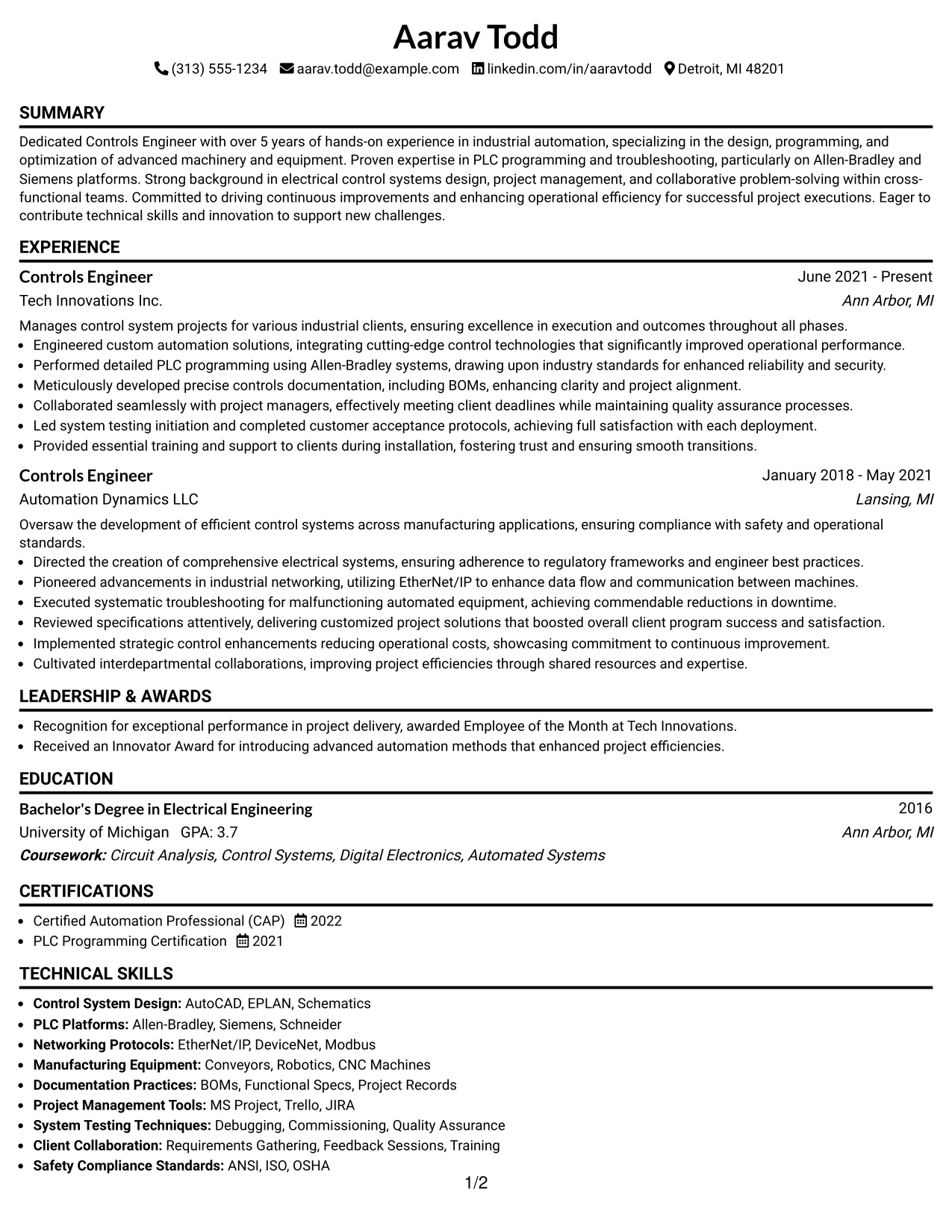 Resume Example Page 1