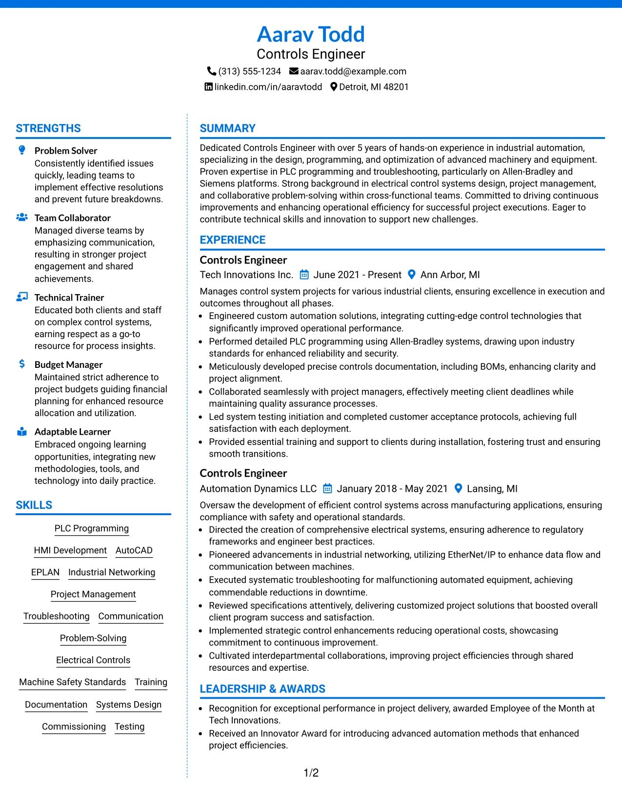 Resume Example Page 1