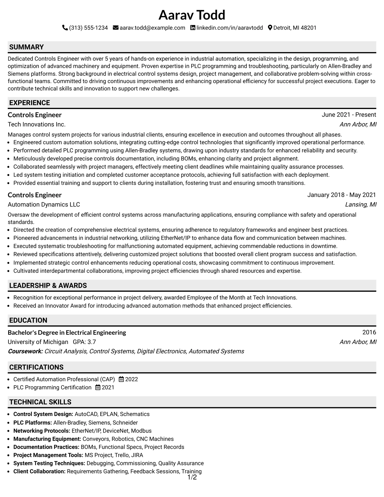 Resume Example Page 1