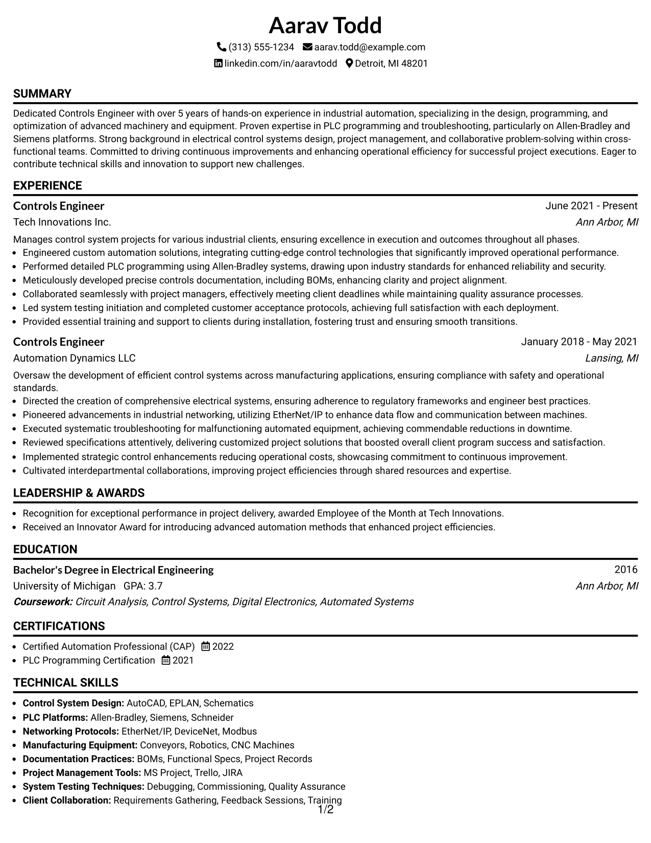 Resume Example Page 1